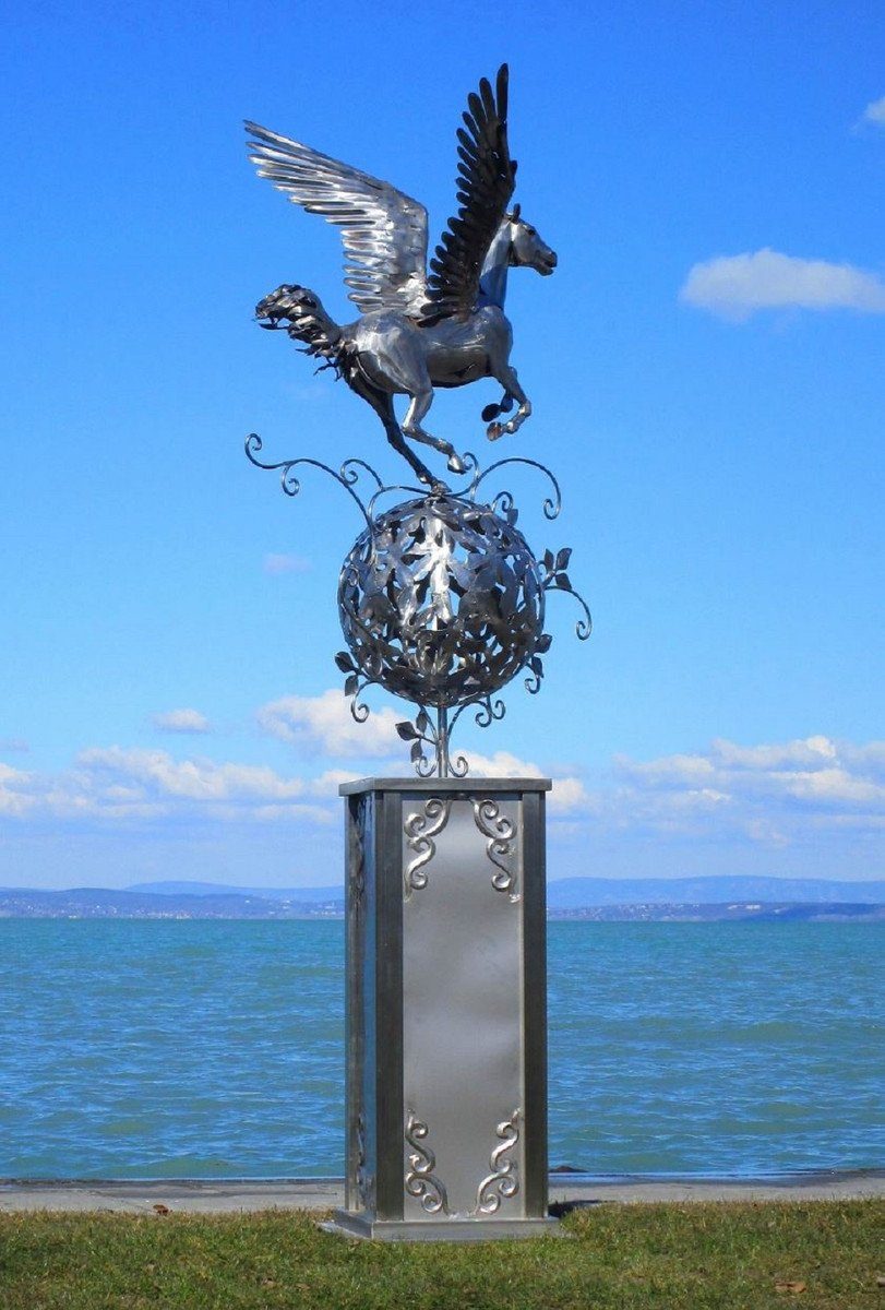 Säule x Garten 108 x cm Silber Luxus Casa Wetterbeständige Handgefertigte Skulptur H. Edelstahl auf 218 Garten Dekoration - Skulptur 103 Pegasus Padrino Pferd