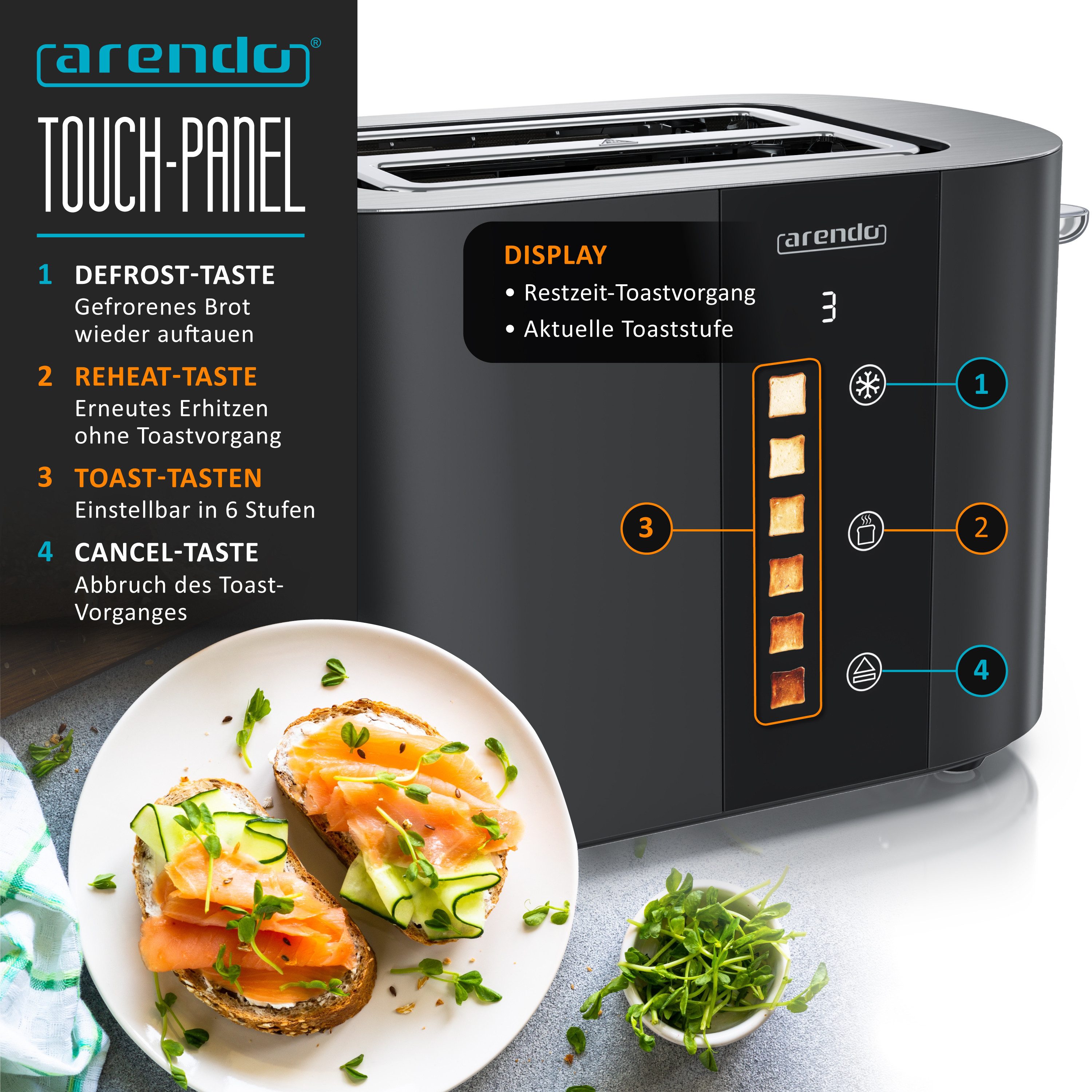Arendo Toaster 2-Scheiben Kurzschlitz Edelstahl, Touch, Restzeit Bräunungsgradanzeige, 2 Schlitze, für 2 Scheiben, 800 W, Brötchenaufsatz, Wärmeisoliert, Toast- – Bild 4 von 5