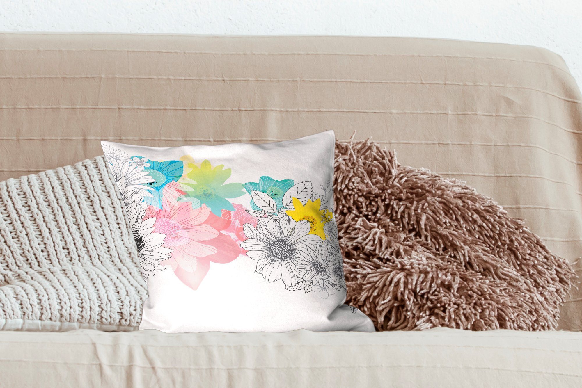 MuchoWow Illustration Wohzimmer, eines Farbe, Deko, Schlafzimmer, Füllung mit Dekokissen Blumenmusters für Sofakissen Zierkissen mit