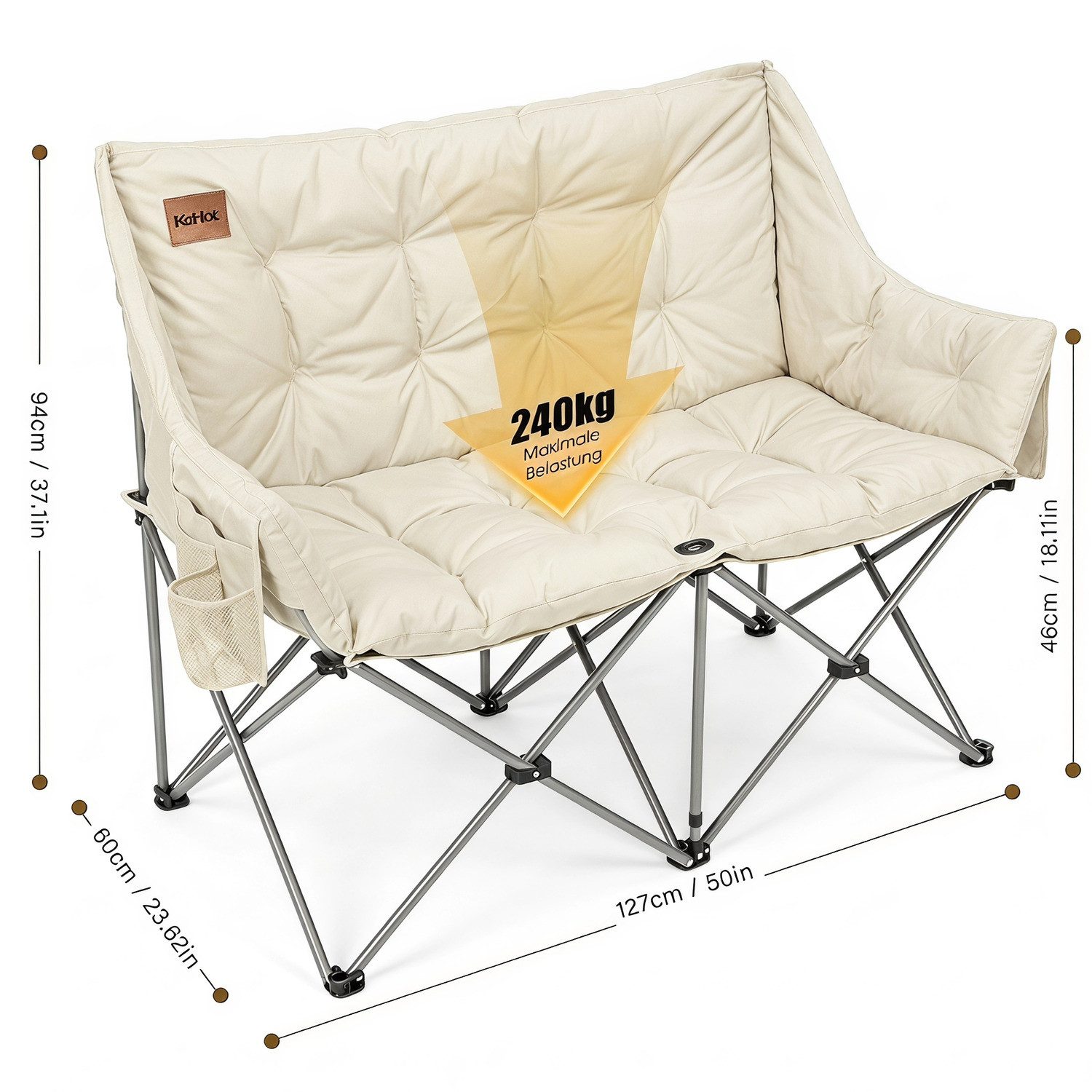 kehot Campingstuhl Faltbarer 2-Sitzer Campingstuhl mit 6 cm Polsterung, 127×94×60 cm (Doppelsitz Outdoor Sofa bis 240kg belastbar, Campingklappstuhl), Klappstuhl mit Oxford-Gewebe,Tragetasche, für Camping Garten Balkon