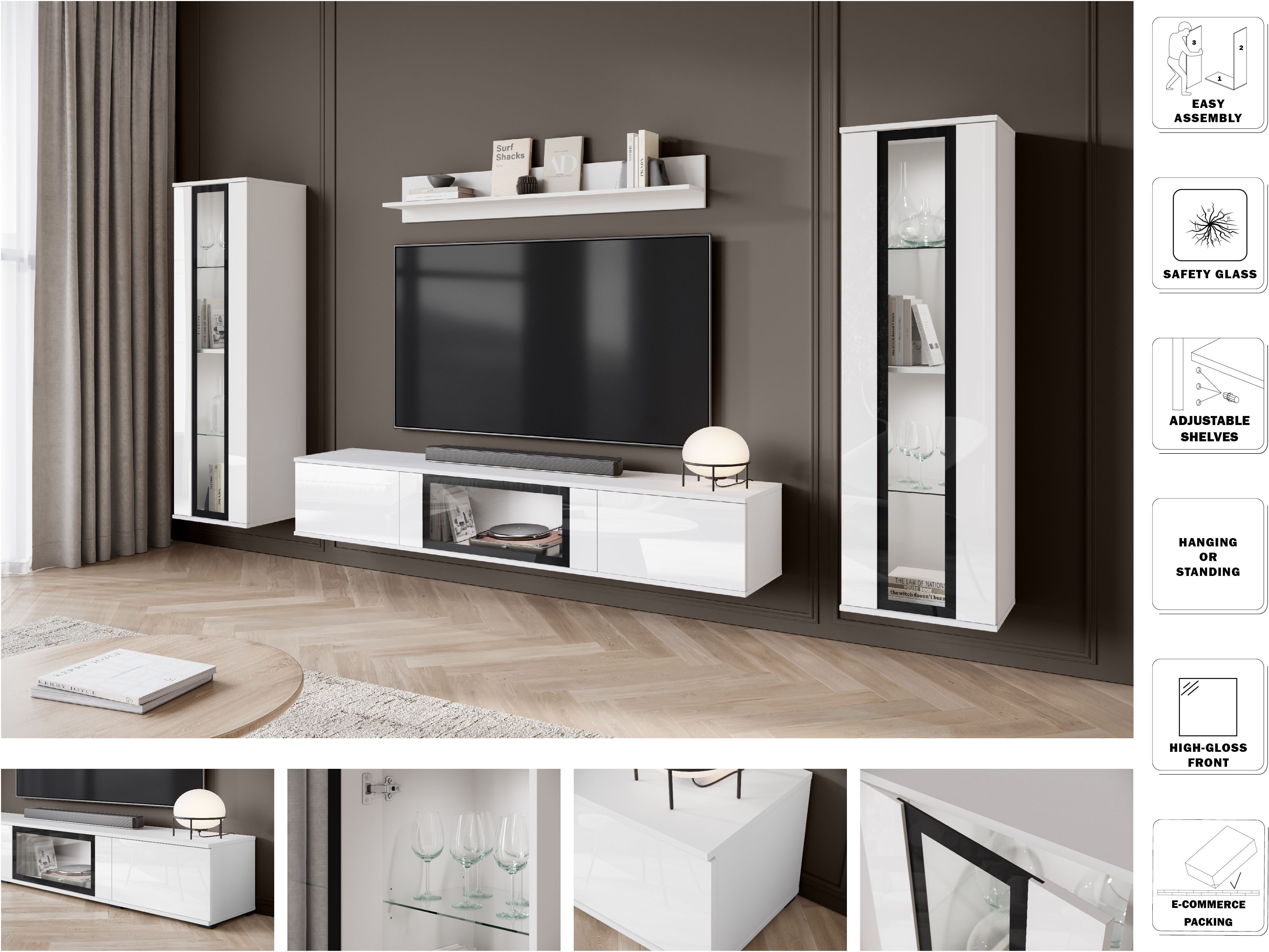 Home affaire Wohnwand Caro, stehend und hängend montierbar, (Komplett-Set, 4-St., Vitrine Türanschlag links/rechts wechselbar), grifflose Design, höhenverstellbare Einlegeböden