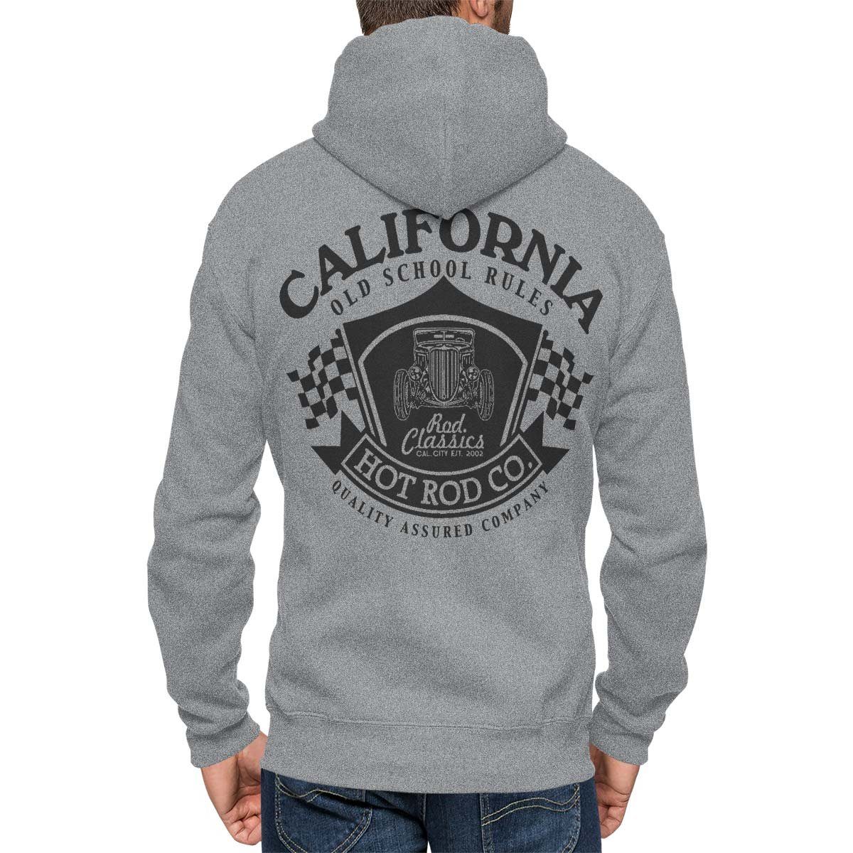Rebel On Wheels Kapuzensweatjacke Zip Hoodie California Hotrod mit Kapuze,weiche Innenseite Grau Melange
