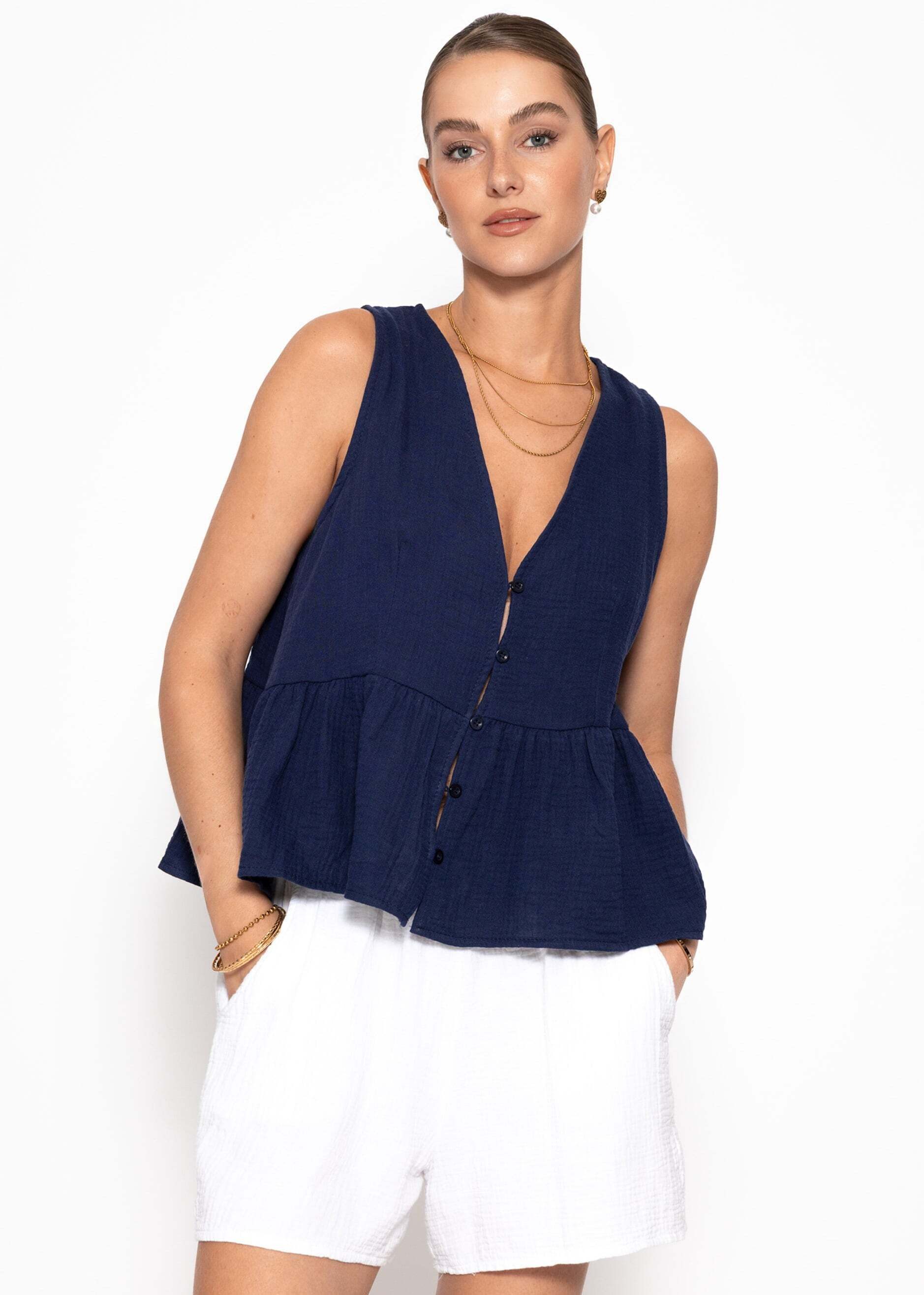 SASSYCLASSY Trägertop Musselin Top mit Volant für Damen Verspieltes Baumwolltop mit V-Ausschnitt und Knopfleiste