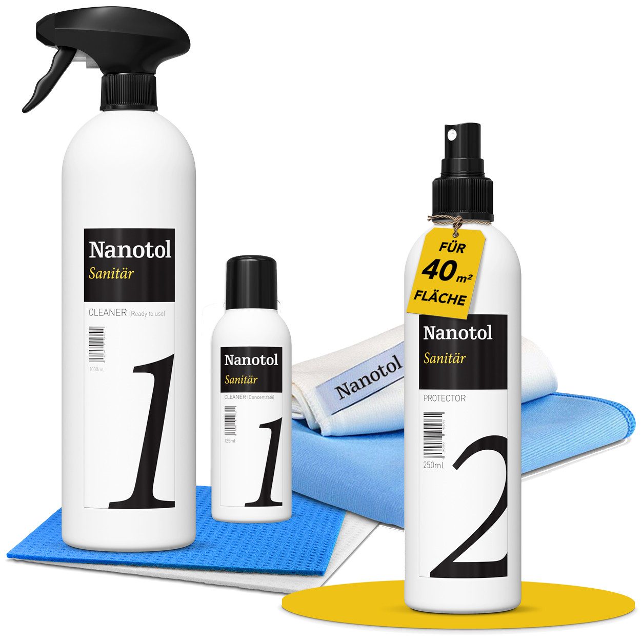 Nanotol Profi Очиститель ванной комнаты-Versiegelung-Set mit Lotuseffekt Очиститель ванной комнаты (Komplett Set, [- Reiniger, Nanoversiegelung, Schwamm-/Poliertücher Anti-Haft Beschichtung gegen Kalk - lösungsmittelfrei, geruchsneutral)