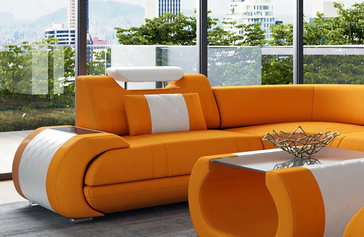 Mikrofaser Sofa apricot-weiß Bettfunktion Wohnlandschaft Rimini M Couch Dreams Stoffsofa, Sofa mit Stoff Polster wahlweise Form U