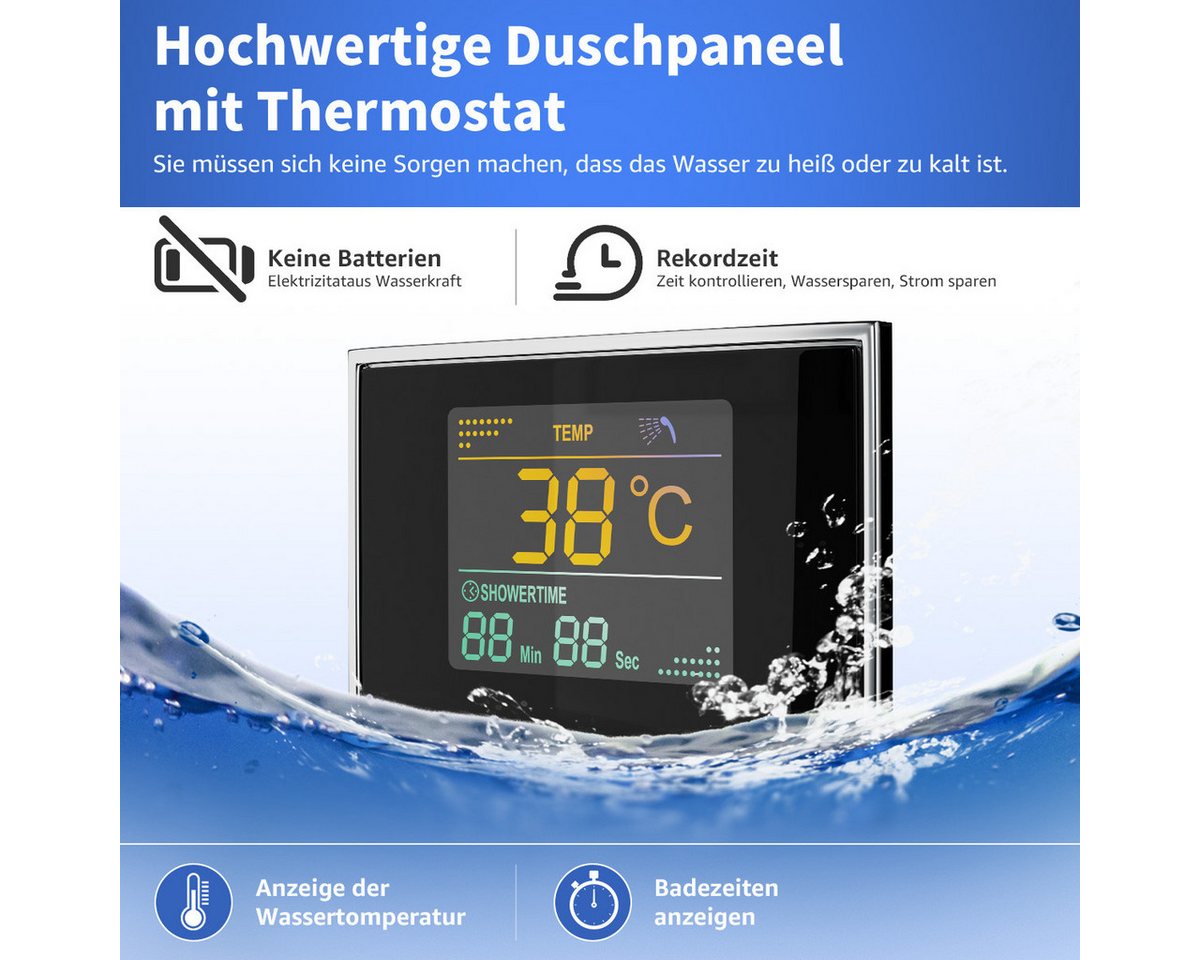 Thumbnail - Eumaty Duschsystem Duschpaneel Thermostat Regendusche Dusche Edelstahl mit Armatur, Höhe 117 cm, 6 Strahlart(en), Duschs...