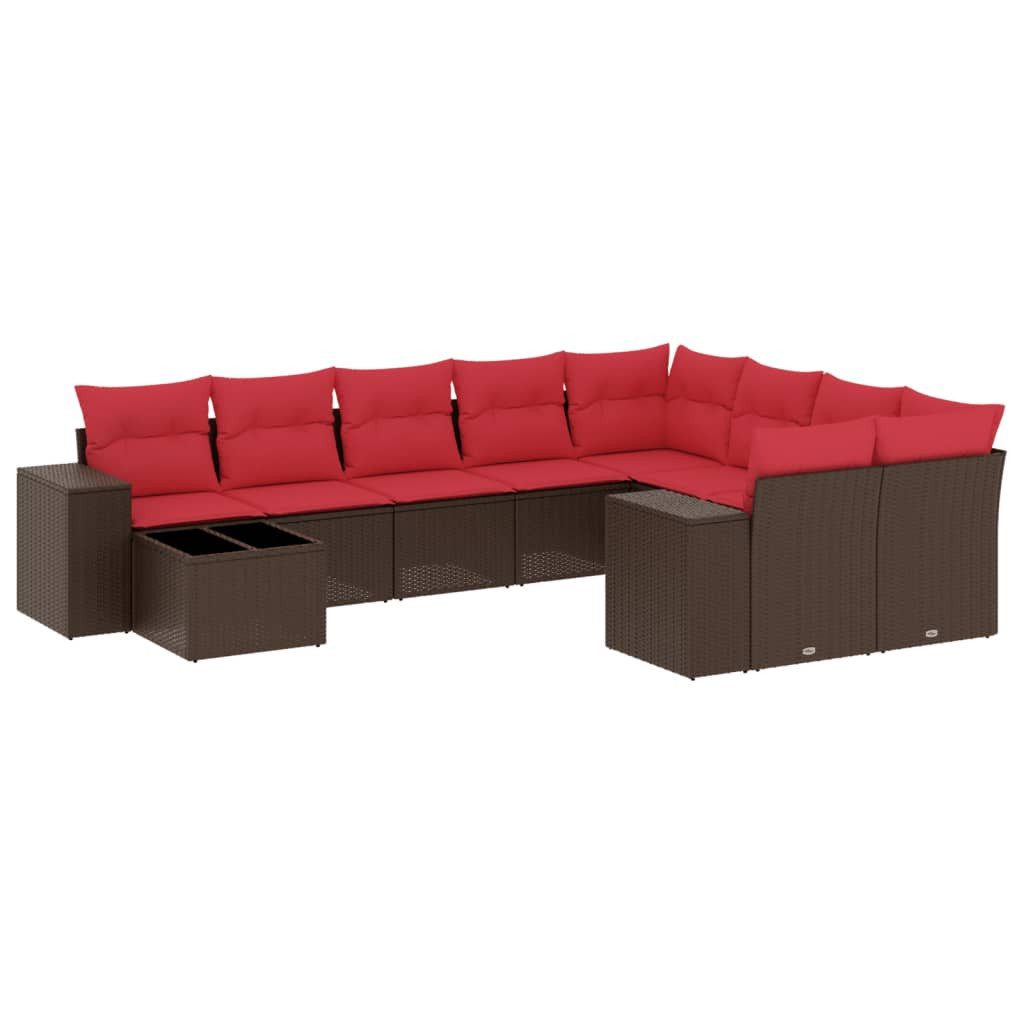 vidaXL Gartenlounge-Set 10-teiliges Gartensofa-Set mit Kissen, braun, Polyrattan, (1-tlg)