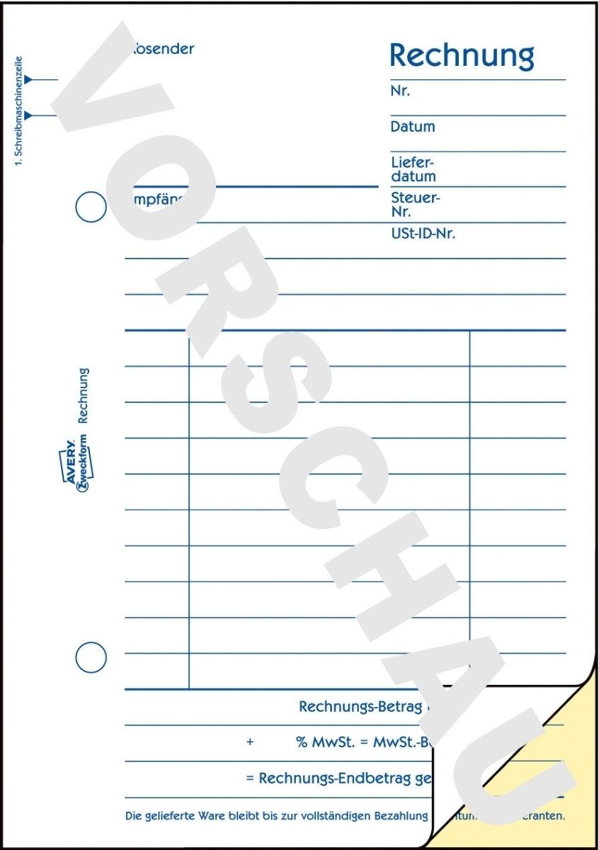 Formularblock Formularbuch Rechnung A6 hoch selbstdurchschreibend VE=2x40 Blatt