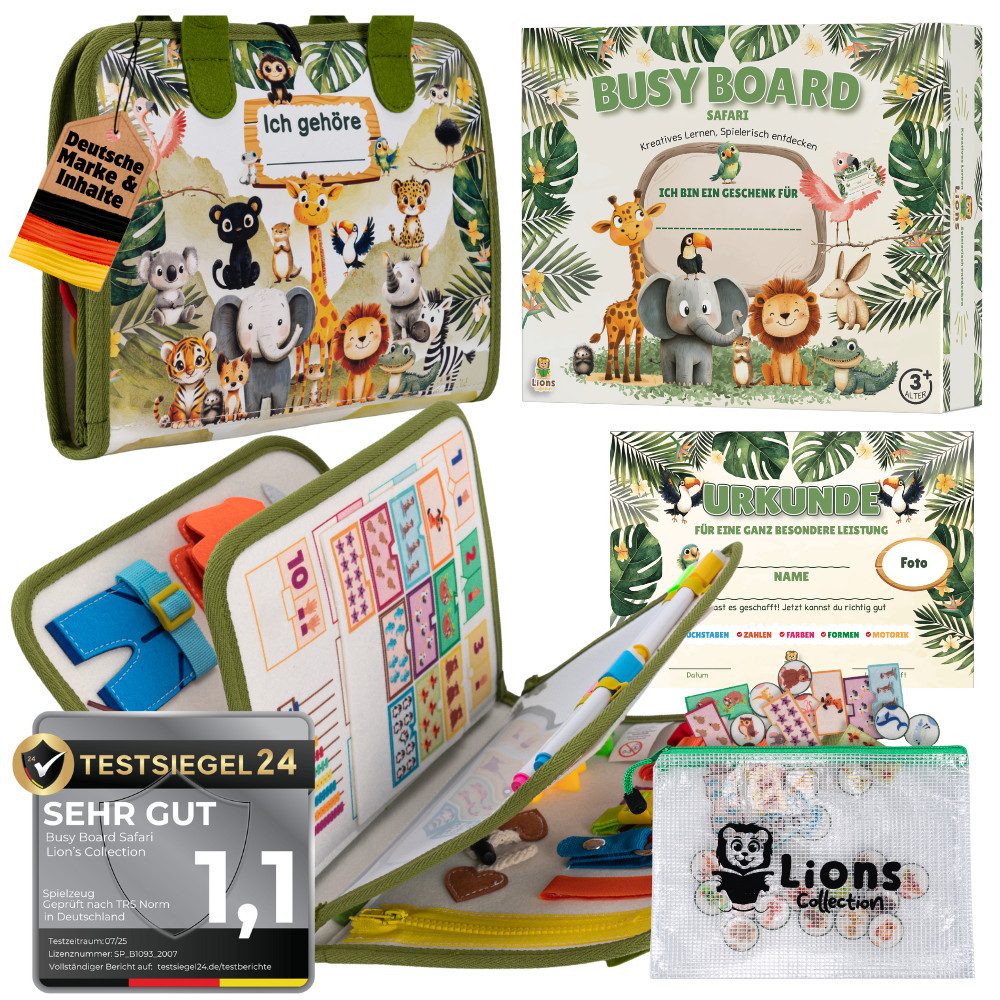 Lions Collection Lernspielzeug Busy Board Deutsch - Montessori Spielzeug - Motorikmappe, Quiet Book