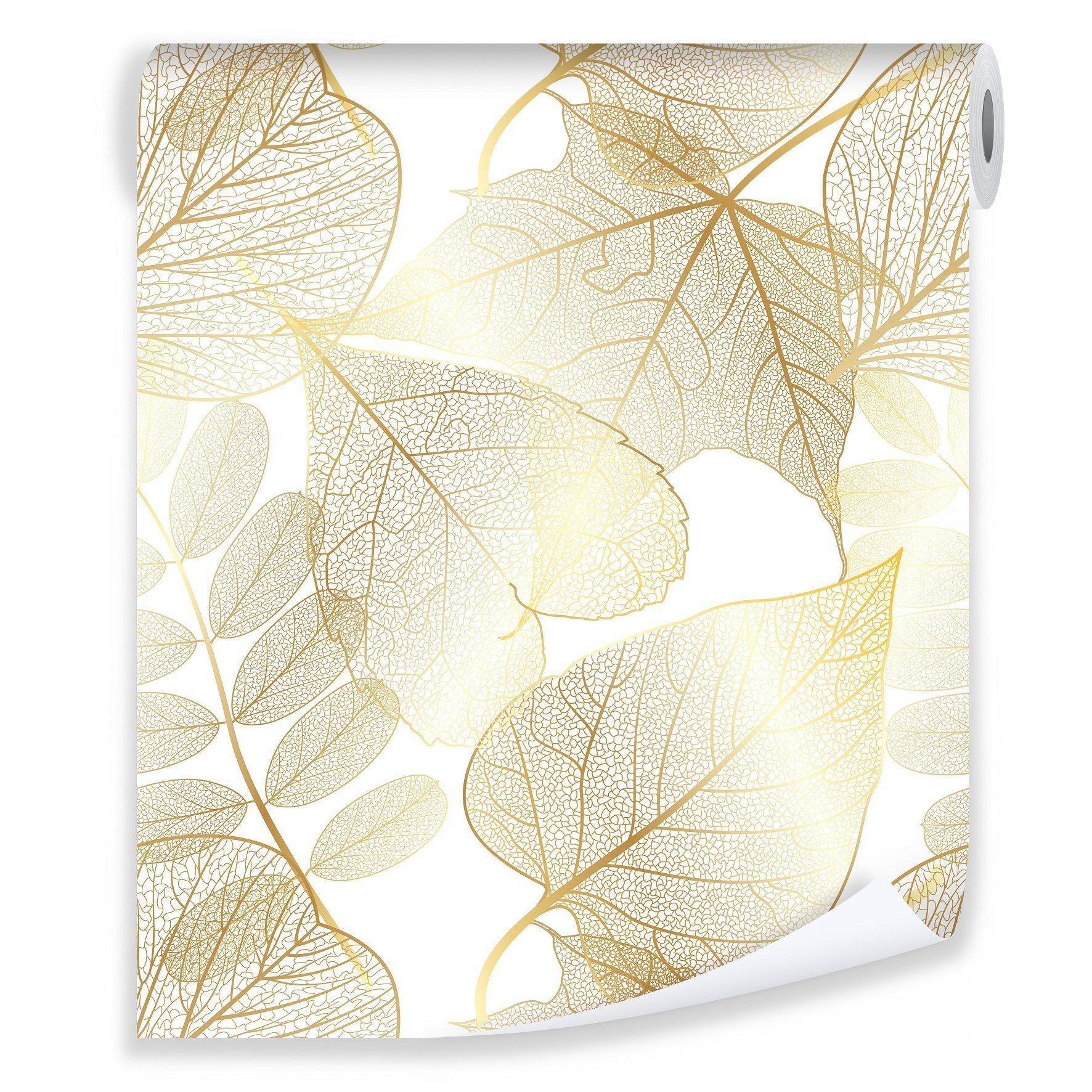 Wallarena Vliestapete Gold Blätter Pflanzen Wohnzimmer Schlafzimmer Modern Mustertapete Wandtapete Tapete Rolle 10m x 50cm, Glatt, botanisch, Vliestapete inklusive Kleister