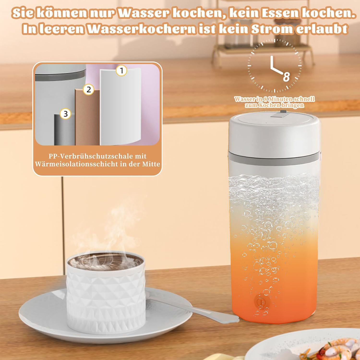 AIMAX Reise-Wasserkocher 500ML Tragbarer Wasserkocher Mini Wasserkocher Edelstahl, Schnell Wasser Kochen Kleiner Wasserkocher für Unterwegs – Bild 4 von 5