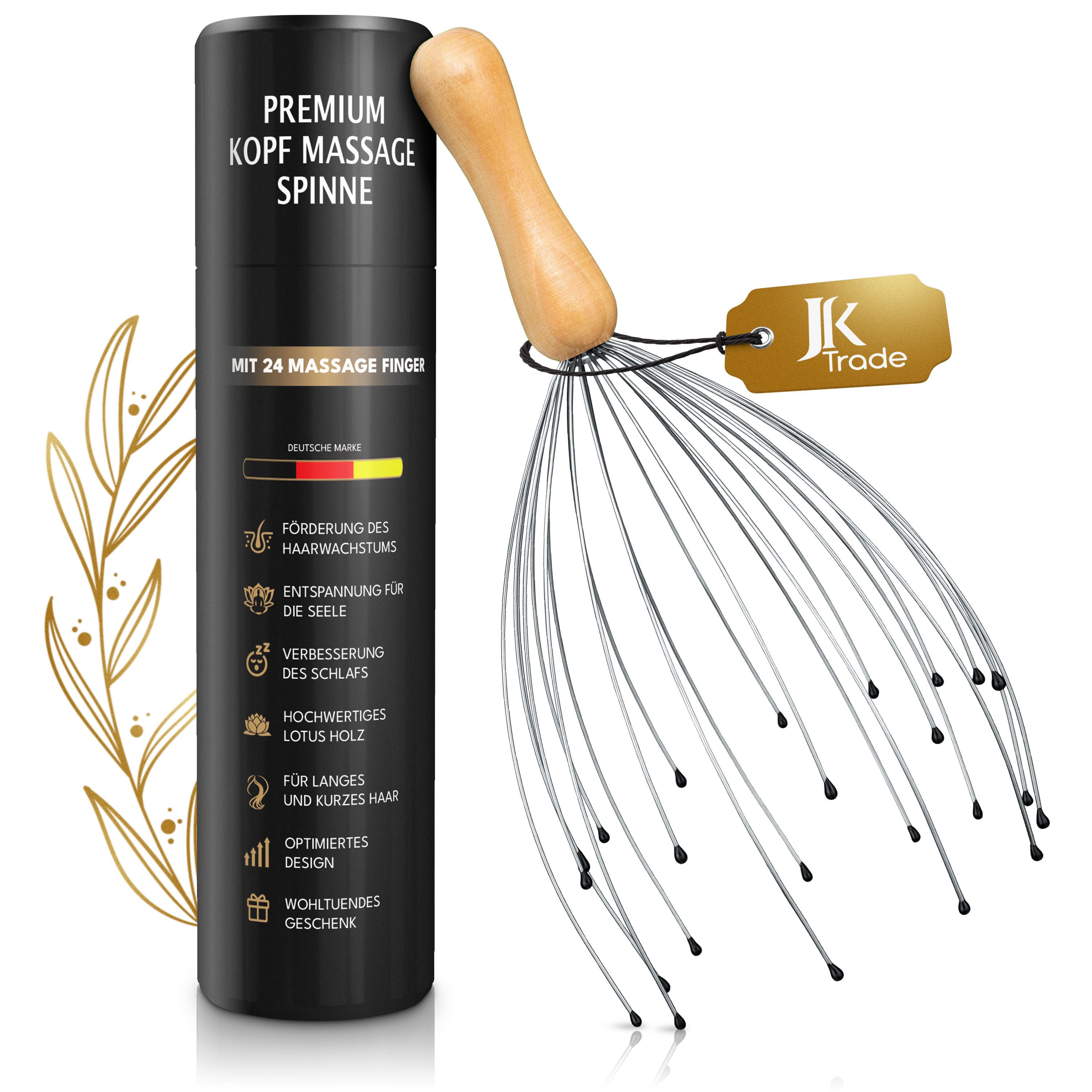 JK Trade Massagegerät Kopfmassage Spinne mit 24 Fingern auf 2 Ebenen, edle Geschenkbox
