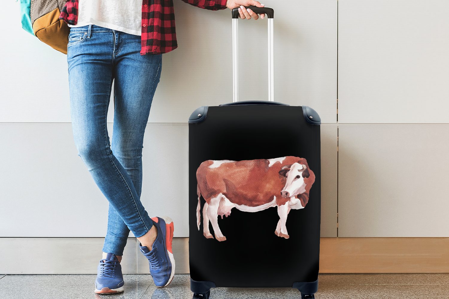 Tiere - Trolley, Schwarz, mit rollen, 4 Handgepäck Rollen, Reisetasche Handgepäckkoffer Ferien, für MuchoWow Braun - Reisekoffer Kuh -