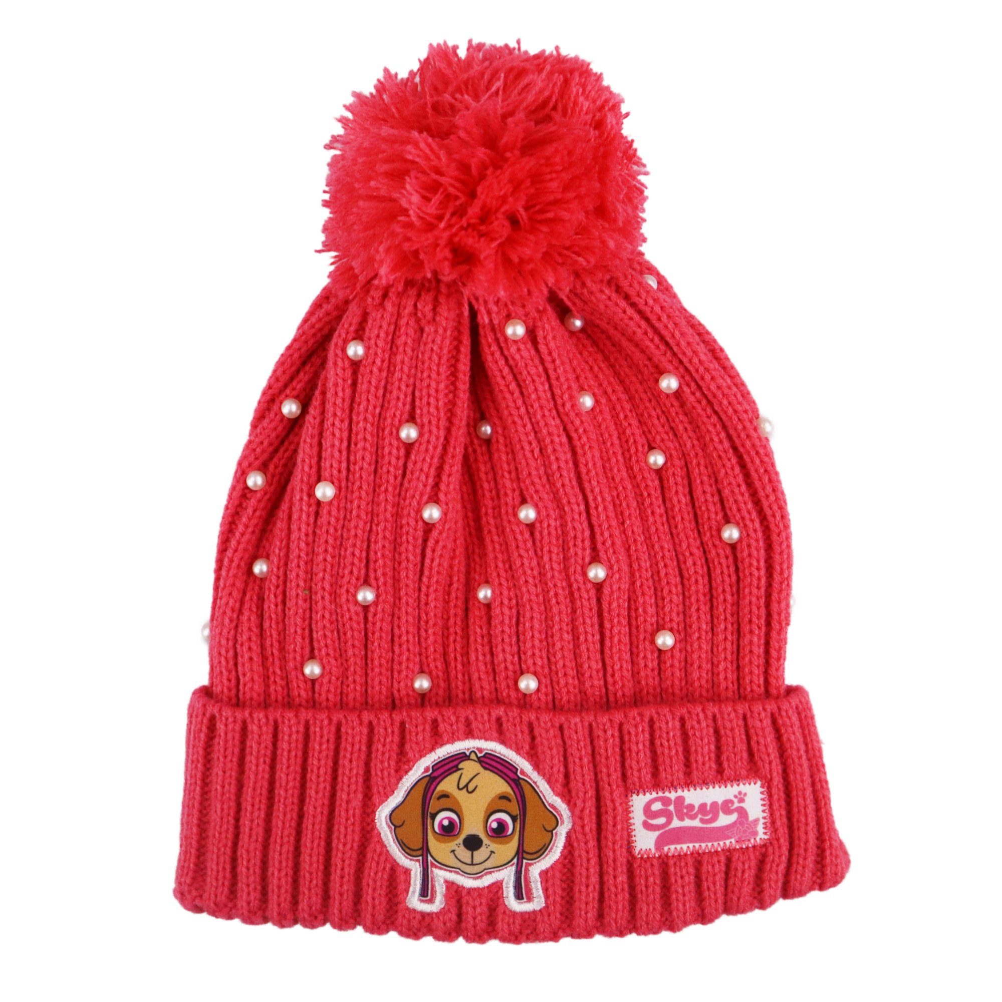 PAW PATROL Bommelmütze Paw Patrol Skye Kinder Winter Bommel Mütze mit Perlen plus Handschuhe Gr. 52 bis 54