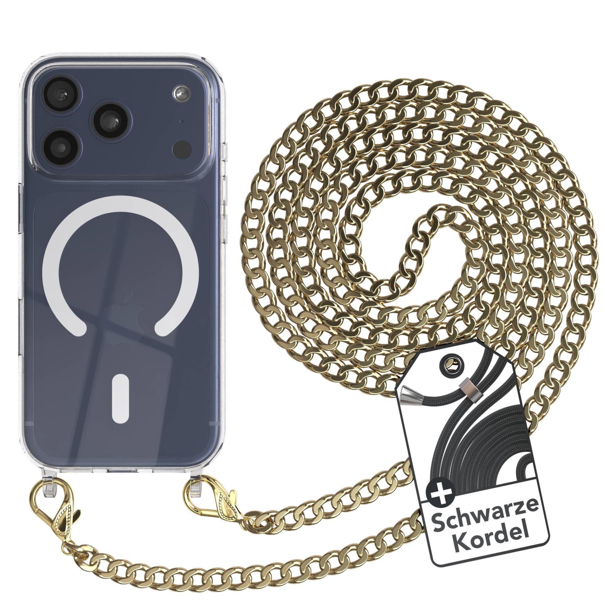 EAZY CASE Handykette Metall mit MagSafe Hülle für Apple iPhone 17 Pro 6,3 Zoll, Handyhülle Transparent Smartphonekette für Unterwegs Necklace in Gold
