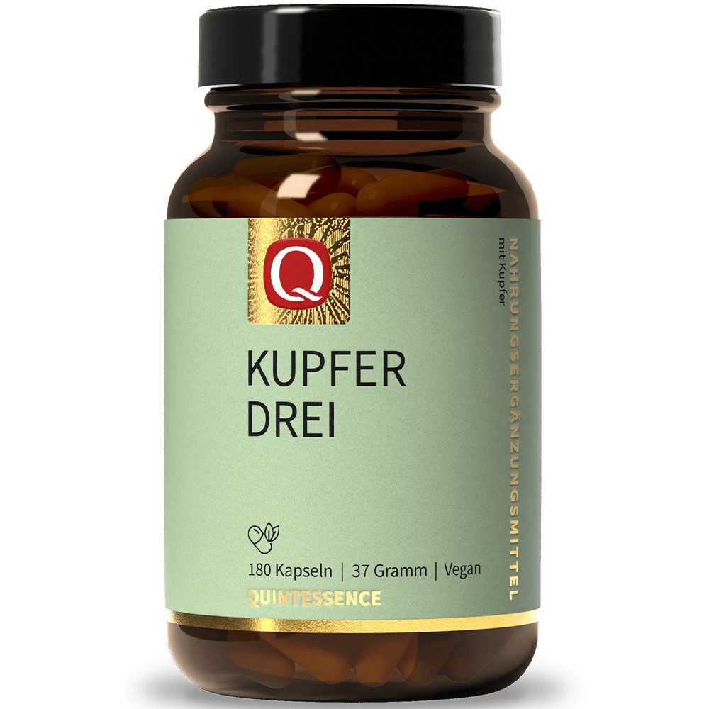 Quintessence Kupfer Drei 180 Kapseln – veganer Kupfer-Komplex - 180 Kapseln mit Kupferbisglycinat, Kupfercitrat & Kupfergluconat, 37 g, - Hochwertige vegane Premiumqualität -