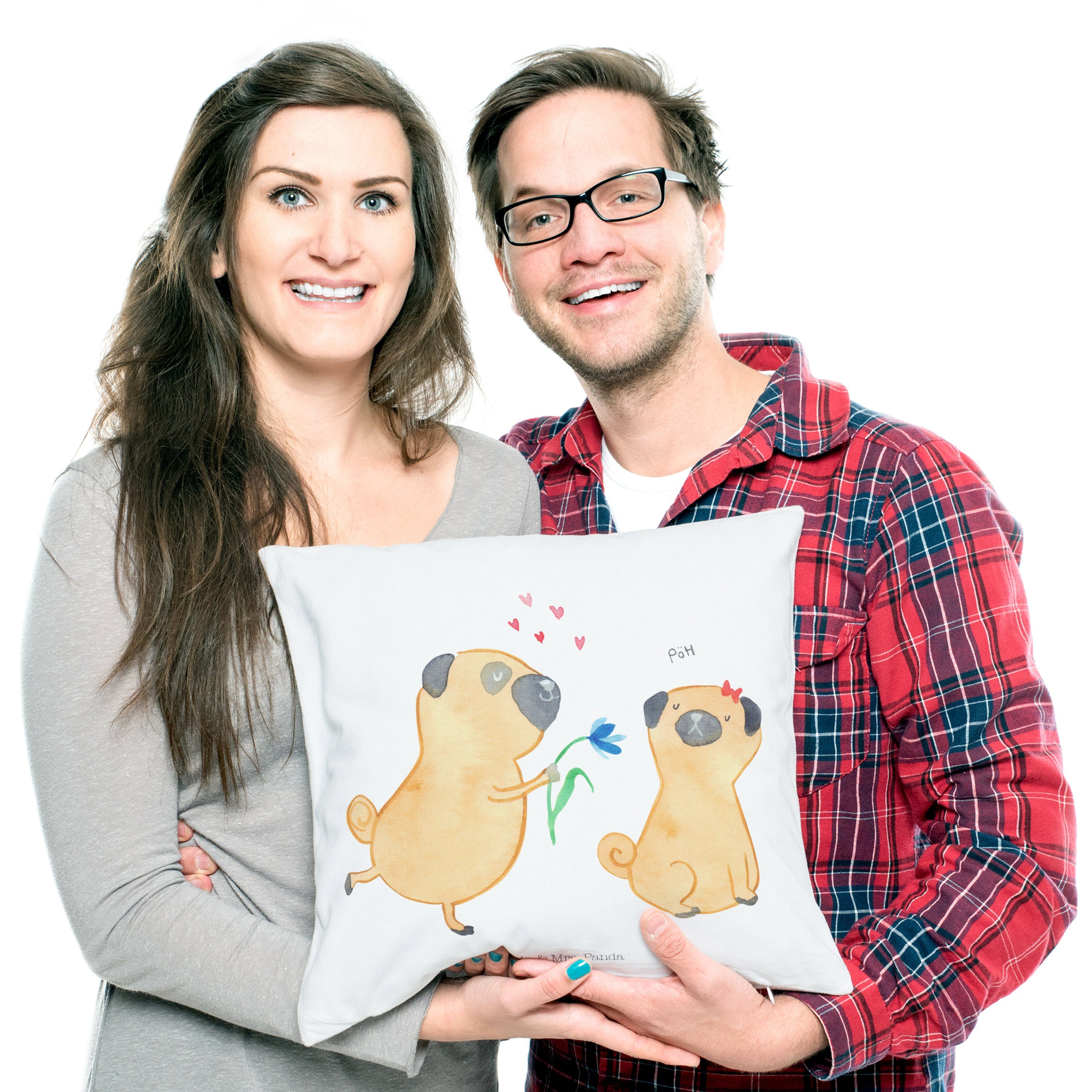 Mr. & Mrs. Panda Mops Kissenhülle, Dekokissen Hunderas Hundebesitzer, Weiß Geschenk, - verliebt 