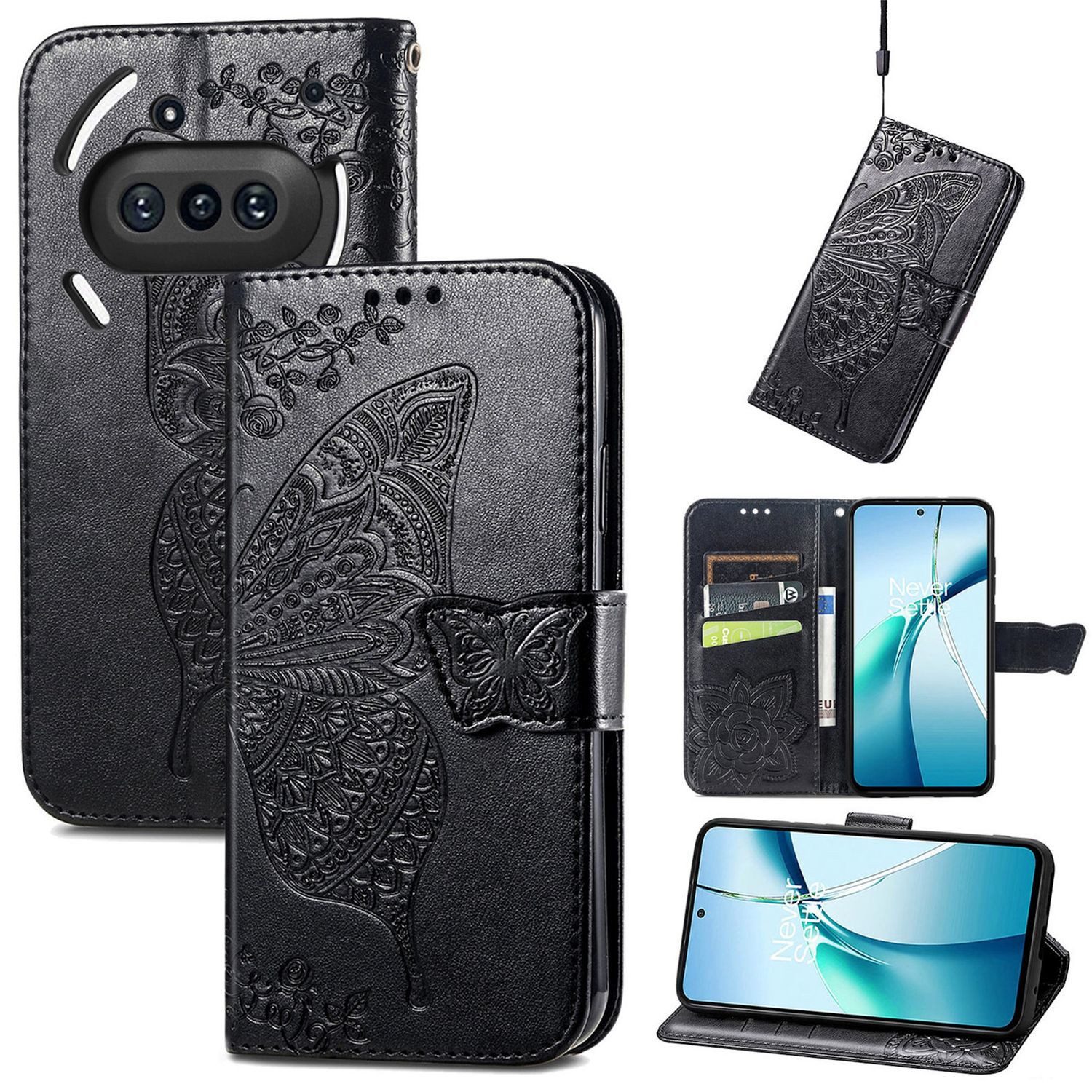 Wigento Smartphone-Hülle Für Nothing Phone 3a Kunstleder Schmetterling Tasche Hülle Schwarz, Kunst-Leder Schutzhülle Smart Case Cover magnetischer Verschluss