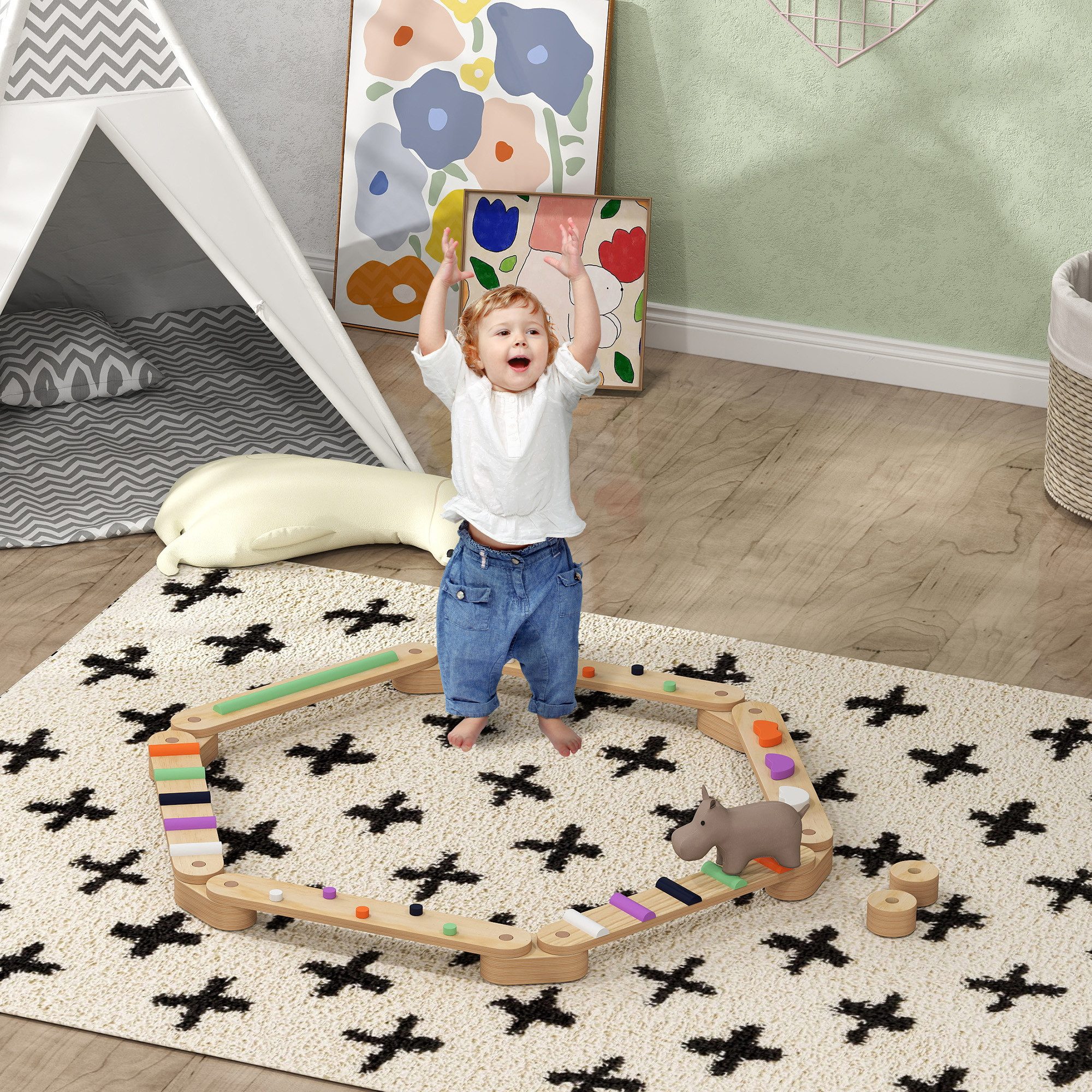 AIYAPLAY Balanceboard Holz Schwebebalken mit Bunte Hindernissteine, für Koordination und Stabilität, für 3-8 Jahre Kinder