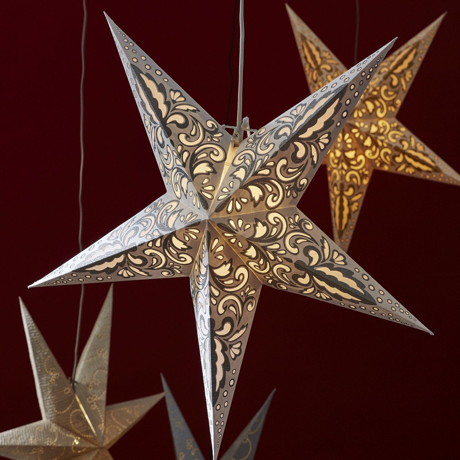 STAR TRADING LED Stern Papierstern Decorus silber hängend Weihnachtsstern 63cm Leuchtstern D