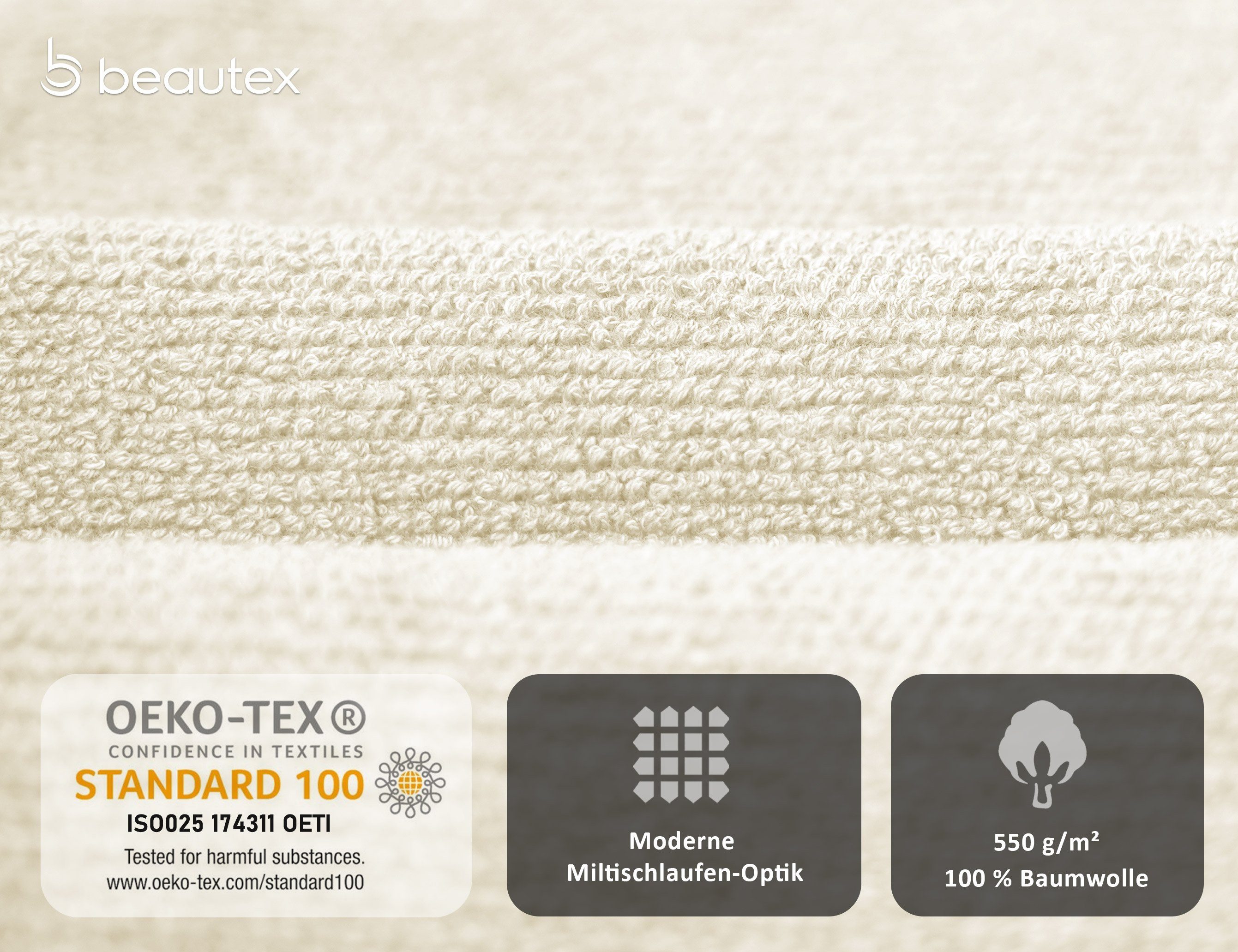 Baumwolle Handtuch Set, Beautex Frottier, 100% 550g/m) Made Set in aus Set Premium Handtuch Europe, Creme (Multischlaufen-Optik, Frottier