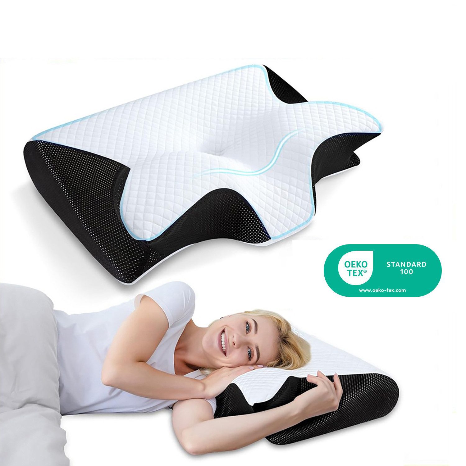 wohnTRAUM24 Nackenstützkissen Orthopädisches Kissen Kopfkissen Nackenschmerzen aus Memory Foam, Füllung: Memory- & Polyetherschaum, Seitenschläfer, Bauchschläfer, Rückenschläfer, ergonomisches Kissen mit individueller Höhenanpassung