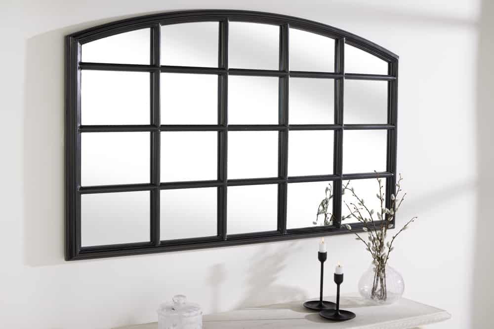 LebensWohnArt Wandspiegel Design Rundbogen-Fenster-Spiegel 120cm schwarz Sprossen Landhaus