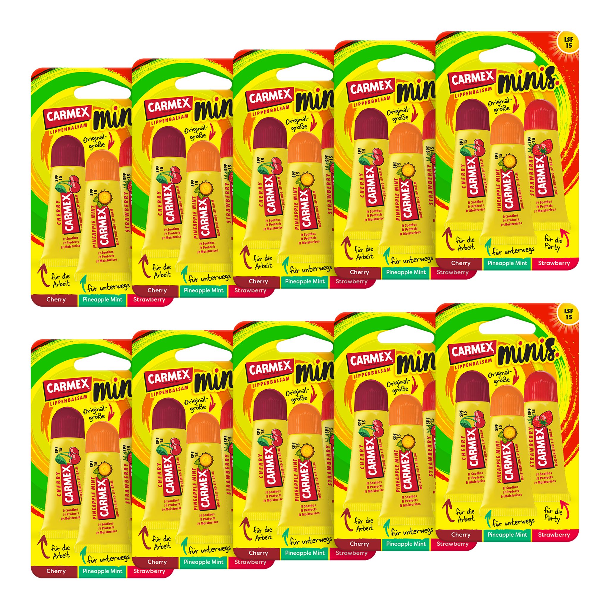 Carmex Lippenpflegestift Carmex Minis Strawberry/Pineapple Mint/Cherry - 10 x 15g