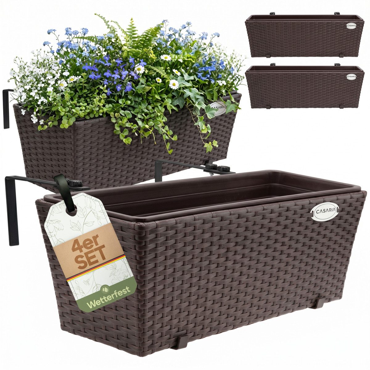 Casaria Blumenkasten, 4er Set 11 Liter Montagehalterung Indoor Outdoor Geländerkasten