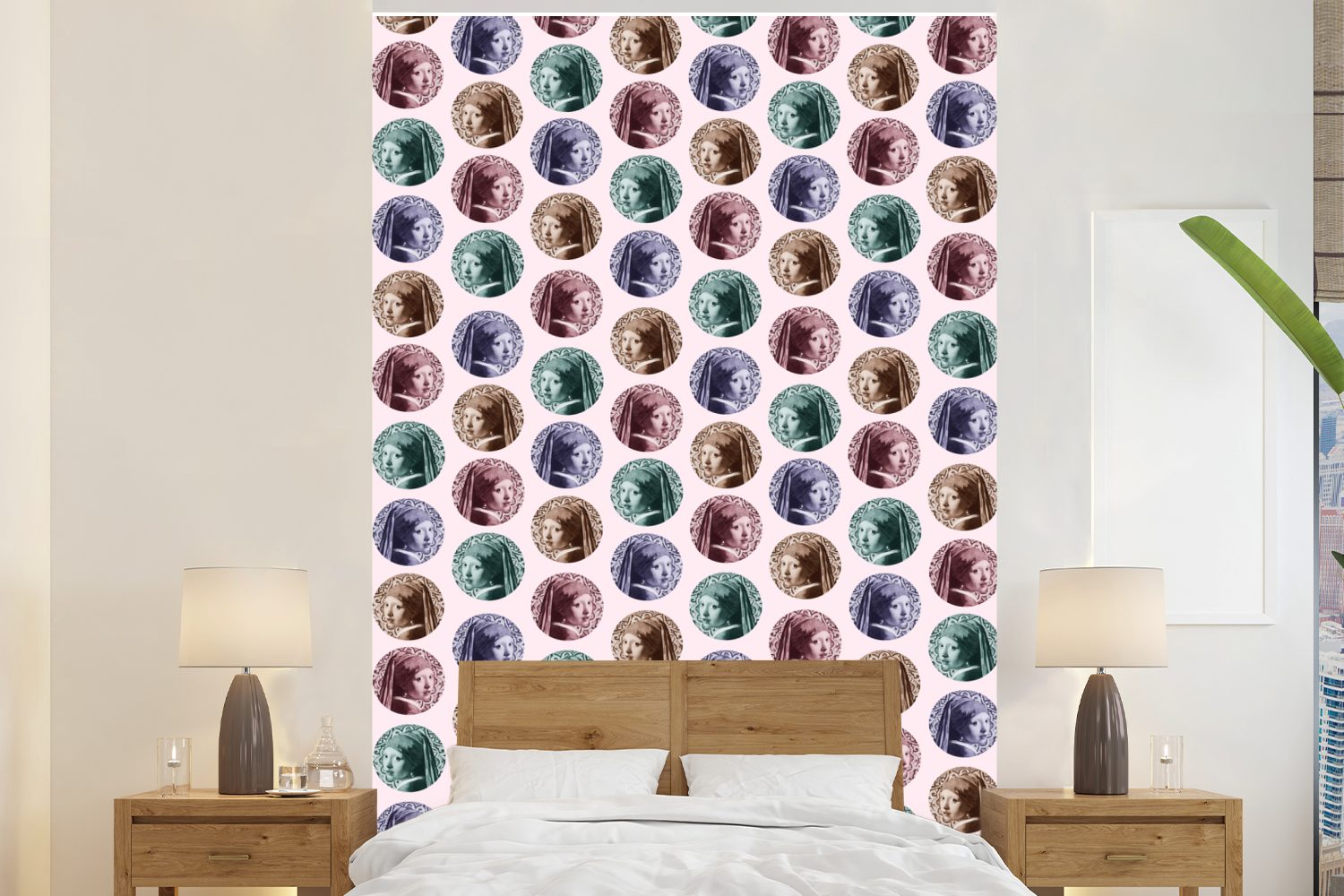 MuchoWow Fototapete Mädchen mit Perlenohrring - Muster - Farben, Matt, bedruckt, (3 St), Montagefertig Vinyl Tapete für Wohnzimmer, Wandtapete