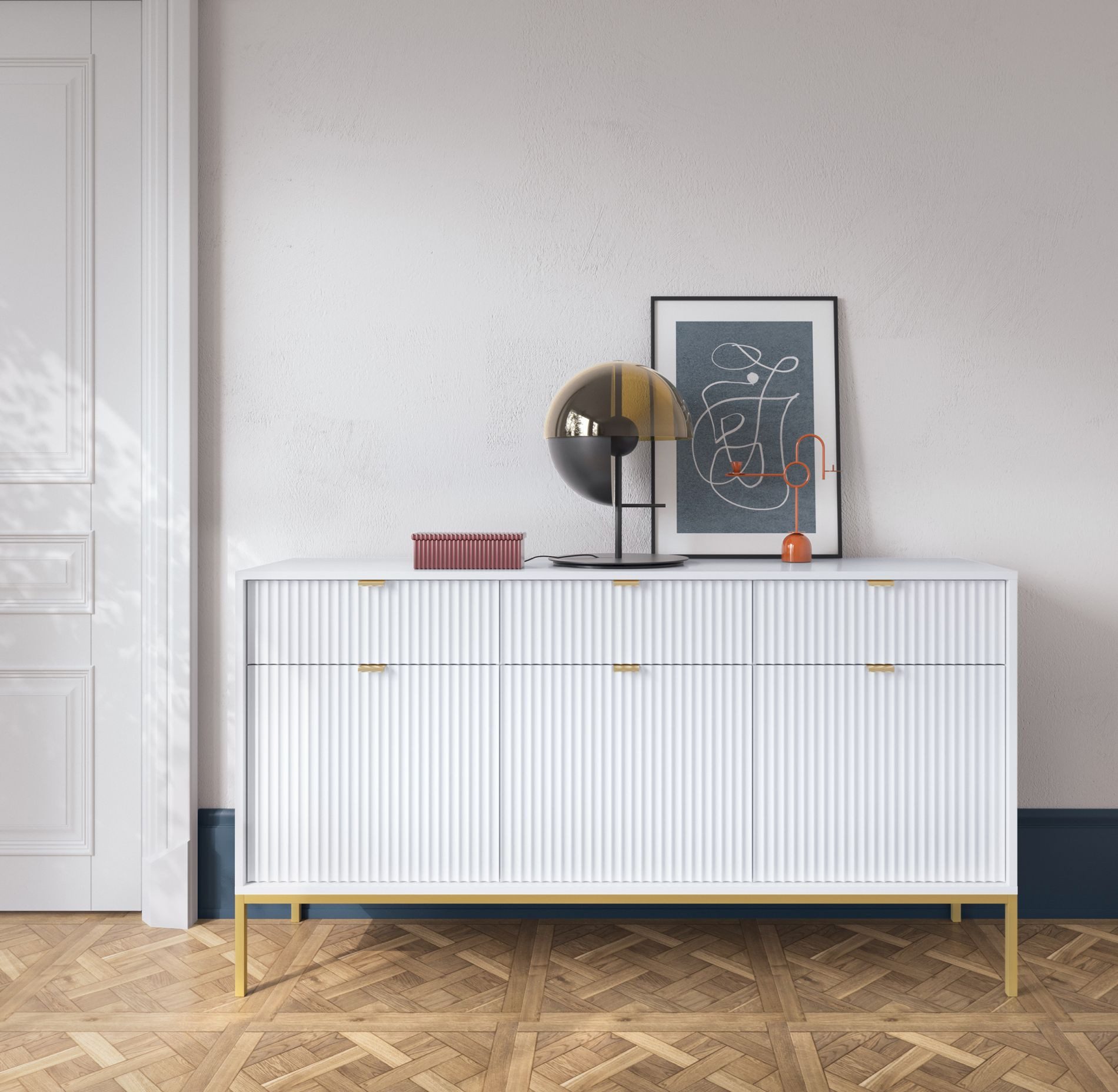 Selsey Sideboard VELLORE, 3-türig mit geriffelten Fronten und goldenem Gestell