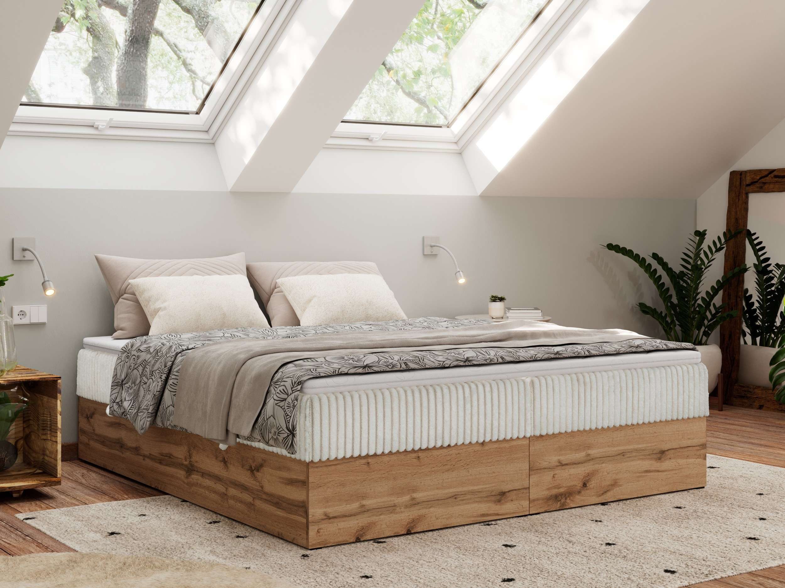 MKS MÖBEL Boxbett WOOD ZERO (Boxspringbett - Set, Bett, Polsterbett mit integrierten Matratzen, 2 Bettkästen, H3/H4), Topper T25 oder Visco optional, ohne Kopfteil