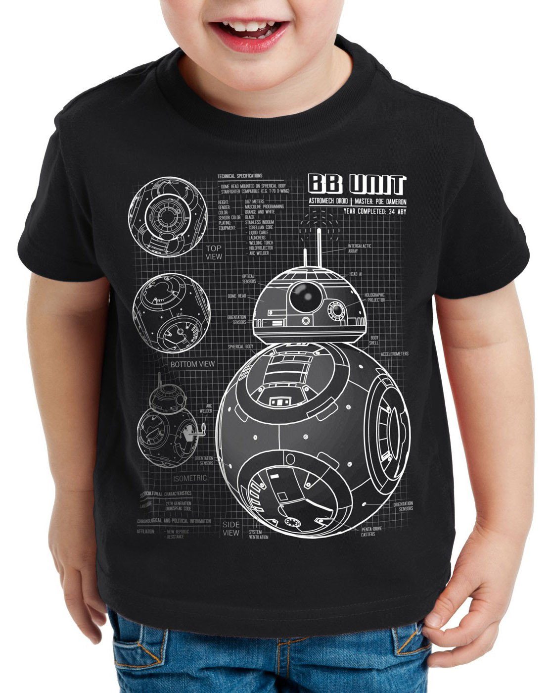 blaupause Unit Print-Shirt T-Shirt style3 Kinder schwarz BB astromech droide