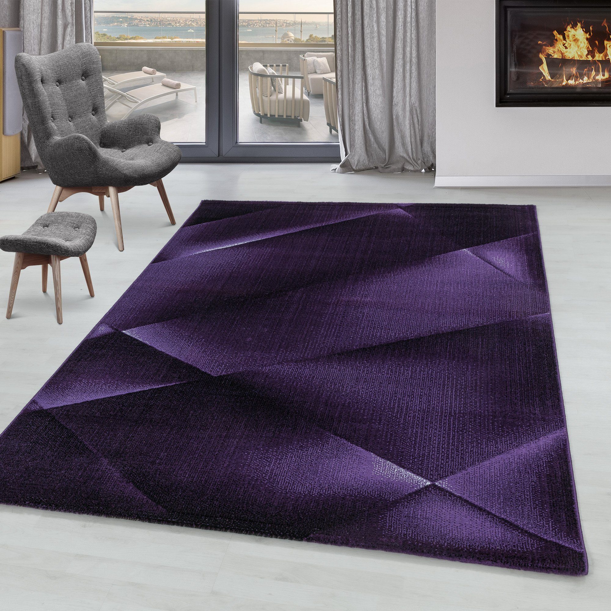 Designteppich Abstrakt Design, SIMPEX24, Rechteckig, Höhe: 9 mm, Kurzflor Teppich Abstrakt Design Teppich Violett Teppich Wohnzimmer