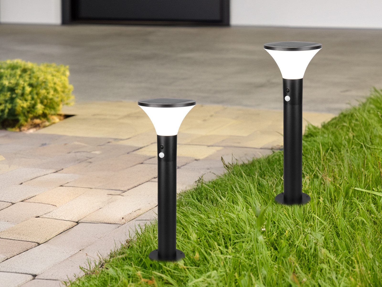 Reality Leuchten LED Pollerleuchte, Bewegungsmelder, LED fest integriert, Neutralweiß, 2er SET Hybrid Außen Wegbeleuchtung mit Strom und Solar, Höhe 50cm
