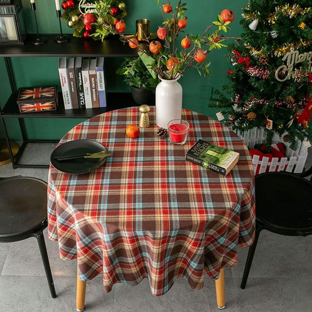 Tischdecke 120cm Weihnachten Rot Tischdekoration FELIXLEO Kariert Tischdecke Runder