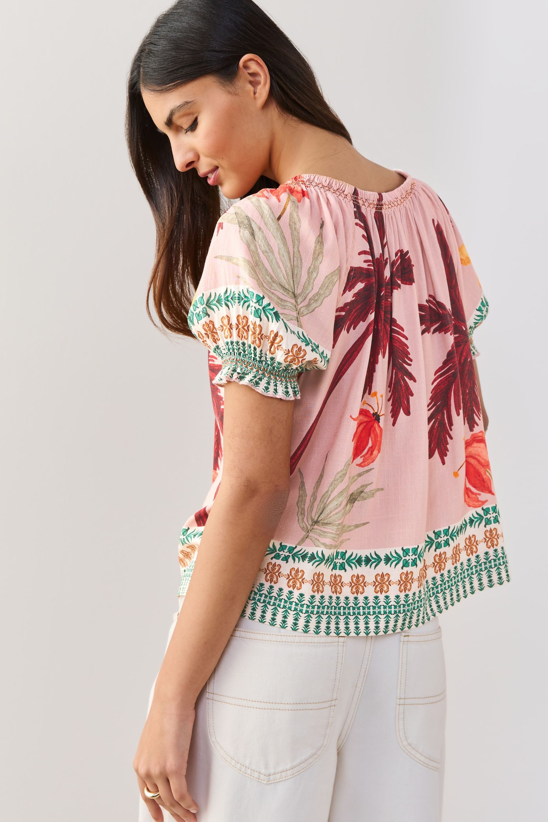 Next Carmenbluse Geknöpftes Bardot-Oberteil mit Puffärmeln (1-tlg) günstig online kaufen