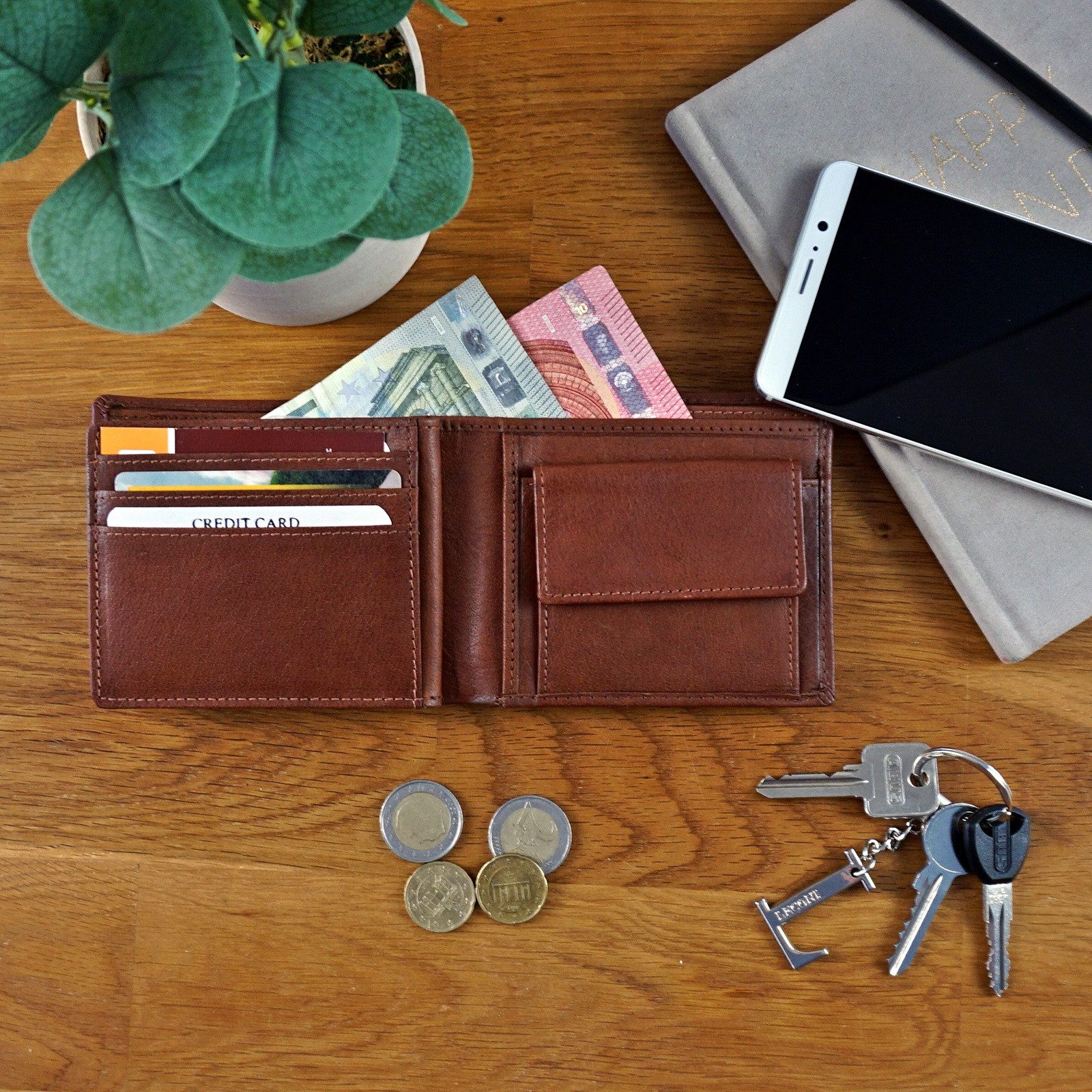 LECONI Geldbörse kompaktes Portemonnaie Herren Kartenetui RFID Portmonee Leder LE9034, 6 Kartensteckfächer, großes Münzfach + Ausweisfach, 11x9,5x2cm