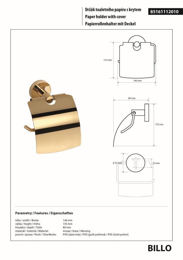 BRILLANTBAD® Toilettenpapierhalter BILLO Papierhalter Messing Gold poliert Bad & WC >> Bohren / Kleben – Bild 2 von 2