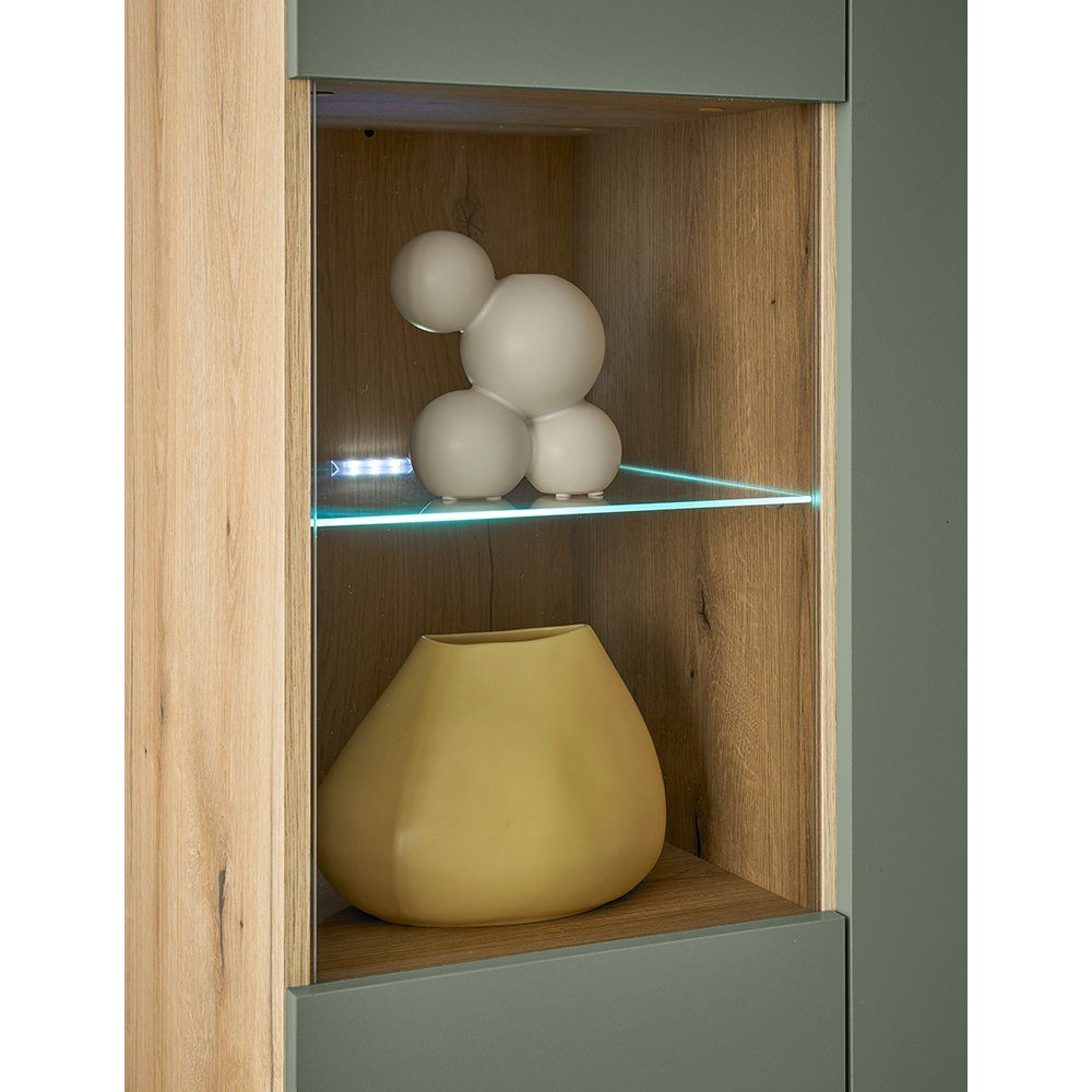 Lomadox Vitrine AVEZZANO-61 Evoke Eiche Nb. mit grün, 2 Türen, Softclose, B/H/T ca. 90/134/40cm