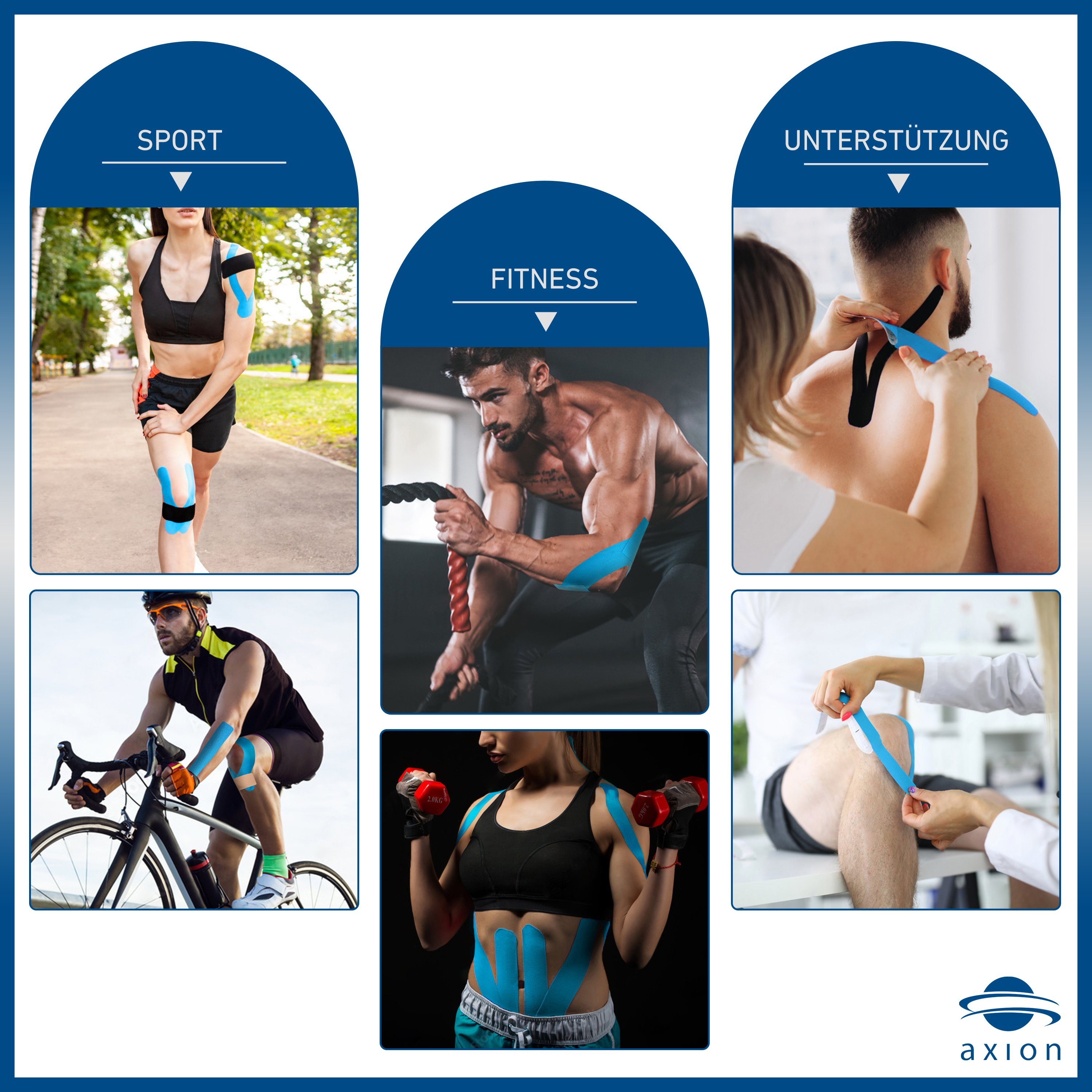 Axion Kinesiologie-Tape PRECUT 12er Mix-Set, 20 vorgeschnittene Sport Tapes 25 x 5 cm (12-St) MEDIZINPRODUKT • wasserfest • hautfreundlich • elastisch • 4 Farbe – Bild 2 von 5