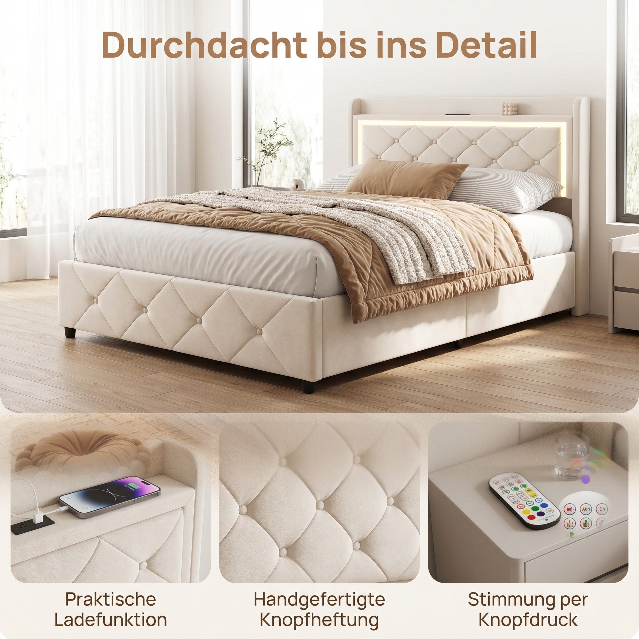 PXloue Polsterbett LED Doppelbett, Einzelbett, Bettkasten, Ladefunktion, Samt, 90x200 cm