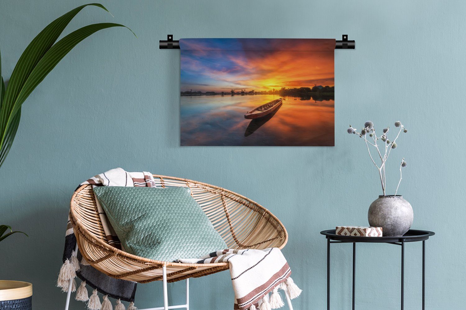 Wohnzimmer, - - Wasser, - Sonnenuntergang Orange - Wandbehang, Boot Wanddekoobjekt Wanddeko Schlafzimmer, Kleid, für Wasser MuchoWow Kinderzimmer