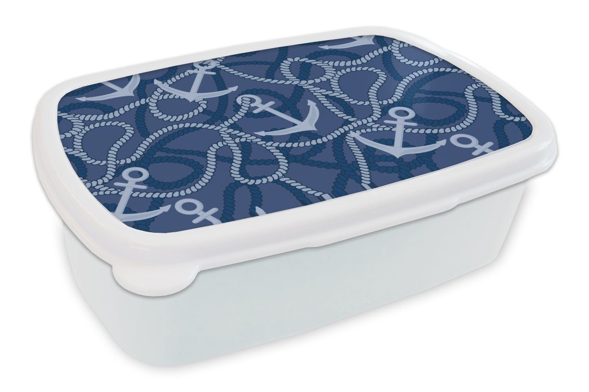 MuchoWow Lunchbox Muster - Anker - Seil, Kunststoff, (2-tlg), Brotbox für Kinder und Erwachsene, Brotdose, für Jungs und Mädchen weiß