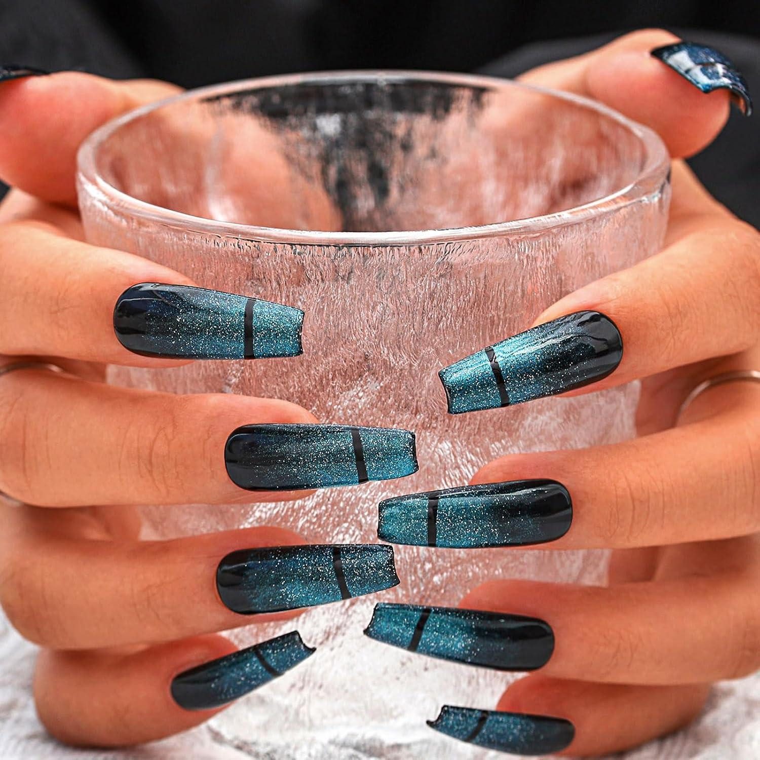 LuxusKollektion Kunstfingernägel Kunstnägel Katzenauge Funkeln Sarg Blau Drücken K