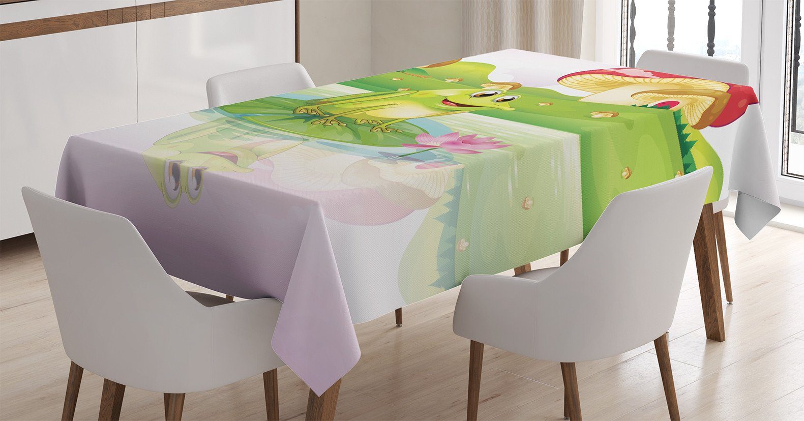 Abakuhaus Tischdecke Farbfest Waschbar Für den Außen Bereich geeignet Klare Farben, Bunt Frosch auf Wasser-Lilien-Kunst
