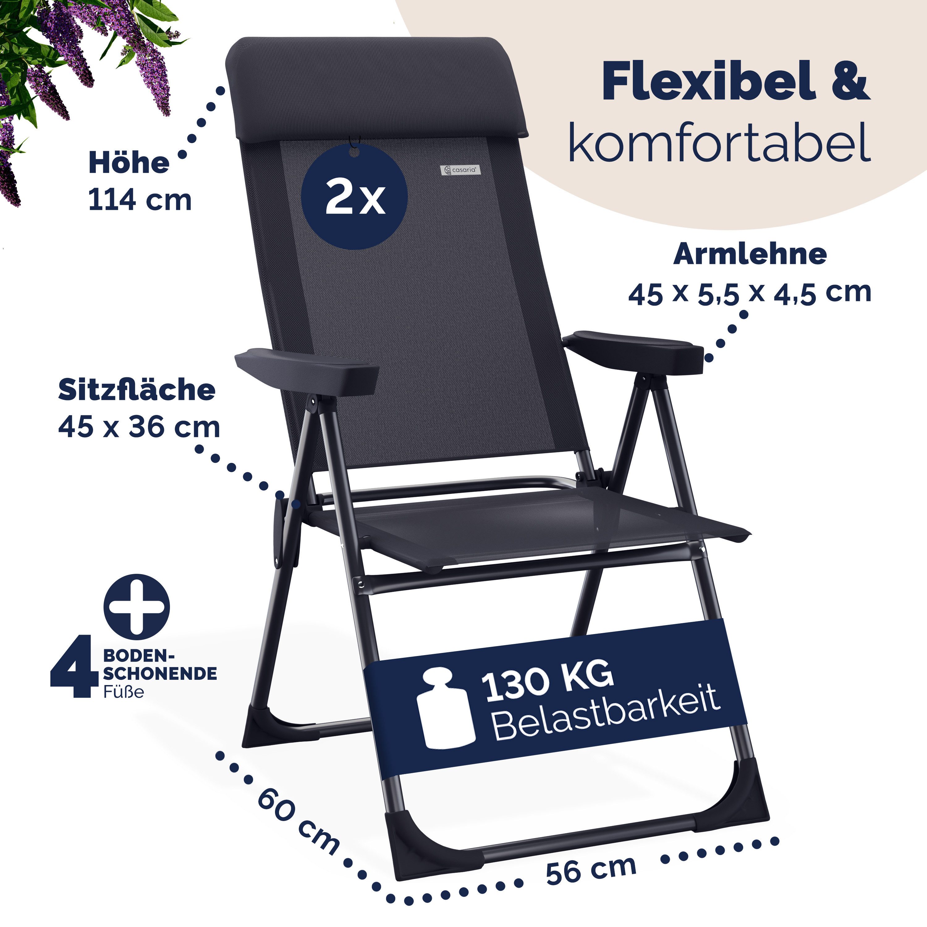Casaria Gartenstuhl, Klappbar 2er Set 7-fach Verstellbar Alu mit hoher Rückenlehne