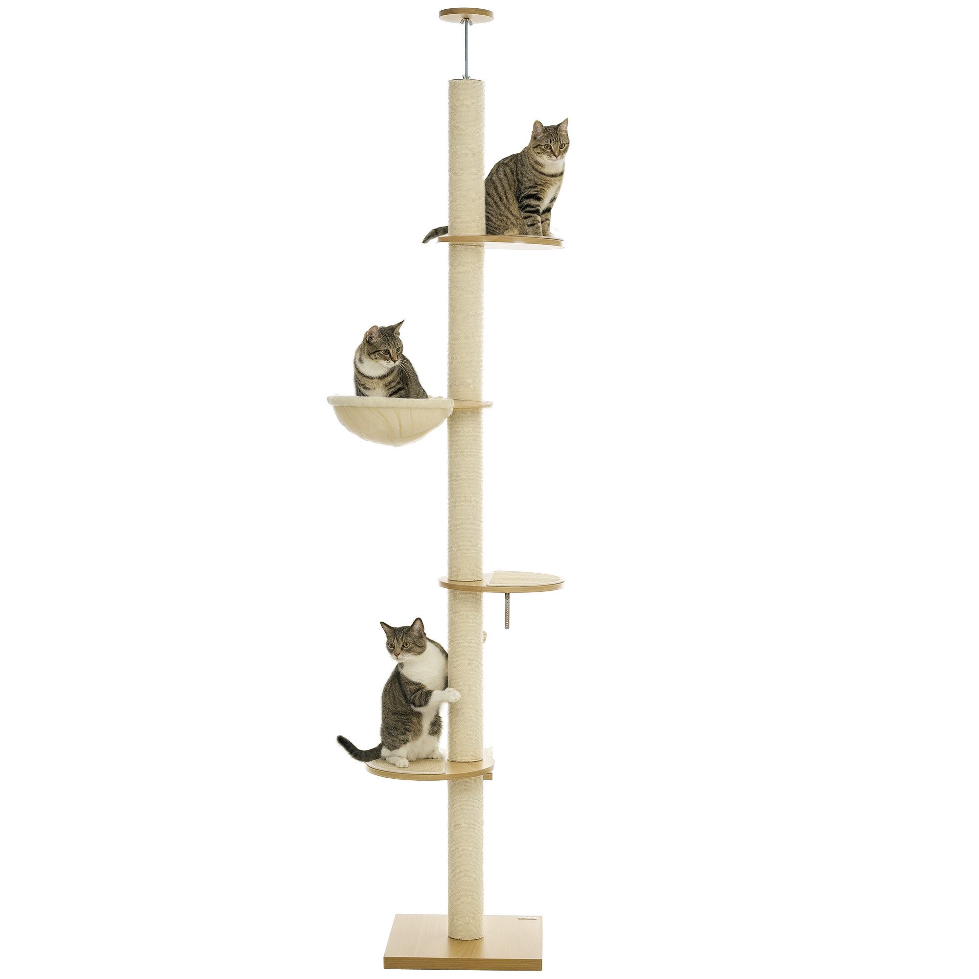 PawHut Kratzbaum Deckenhoch, 230-250 cm, mit Hängematte, höhenverstellbar, mit Kippschutz, Plüsch, Eiche+Cremeweiß