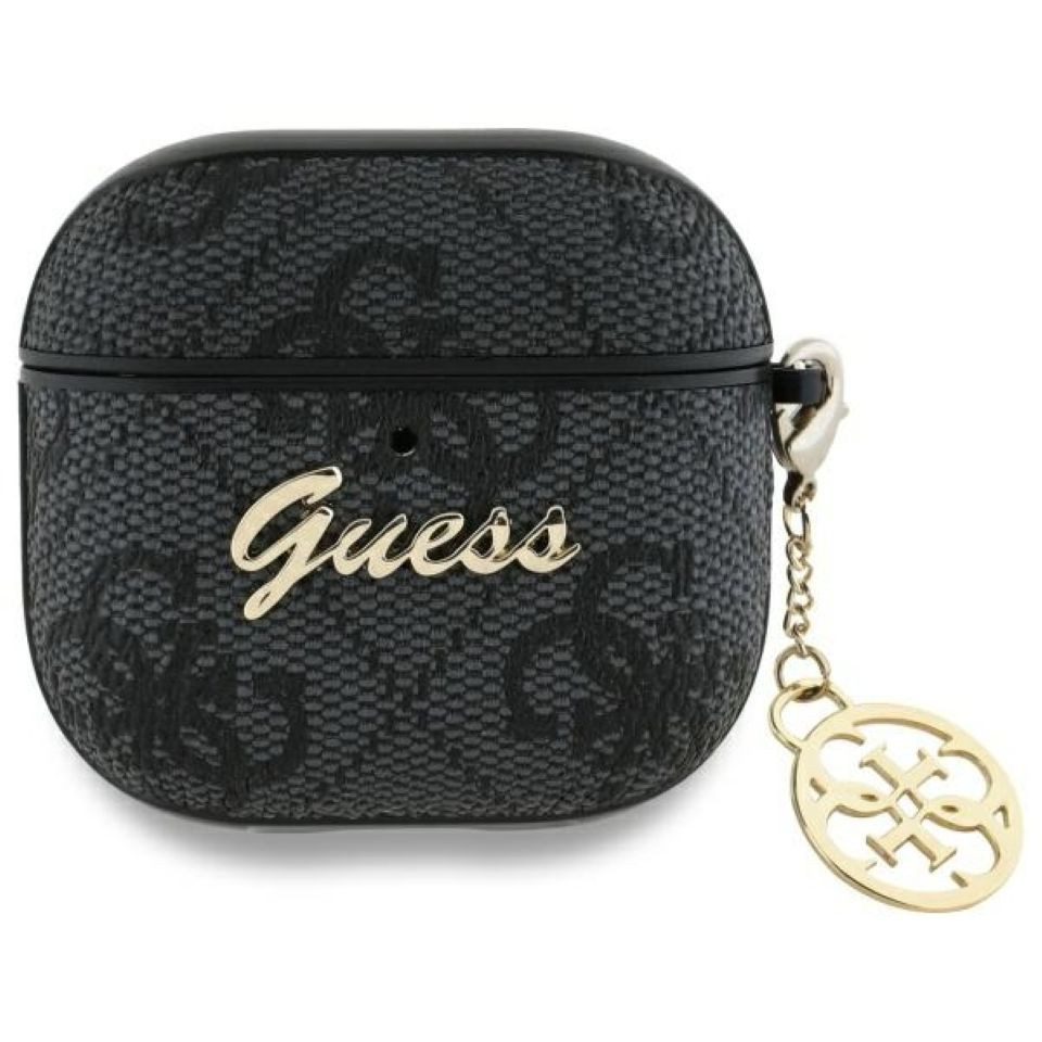 Guess Kopfhörer-Schutzhülle Case AirPods 4 Kunstleder grau Logo Metal Kette goldfarbig, Kantenschutz