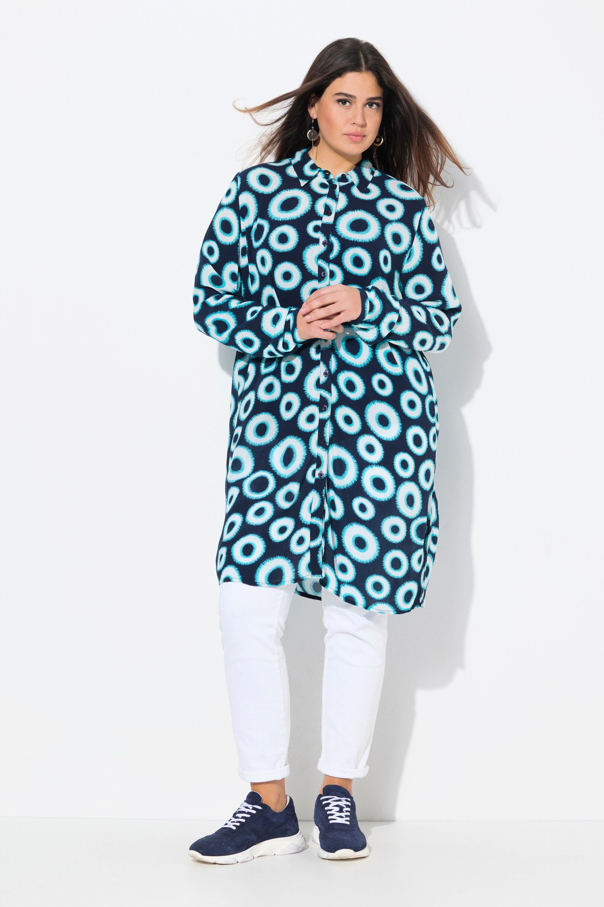 Longbluse Longbluse Kreise Hemdkragen Langarm Krepp